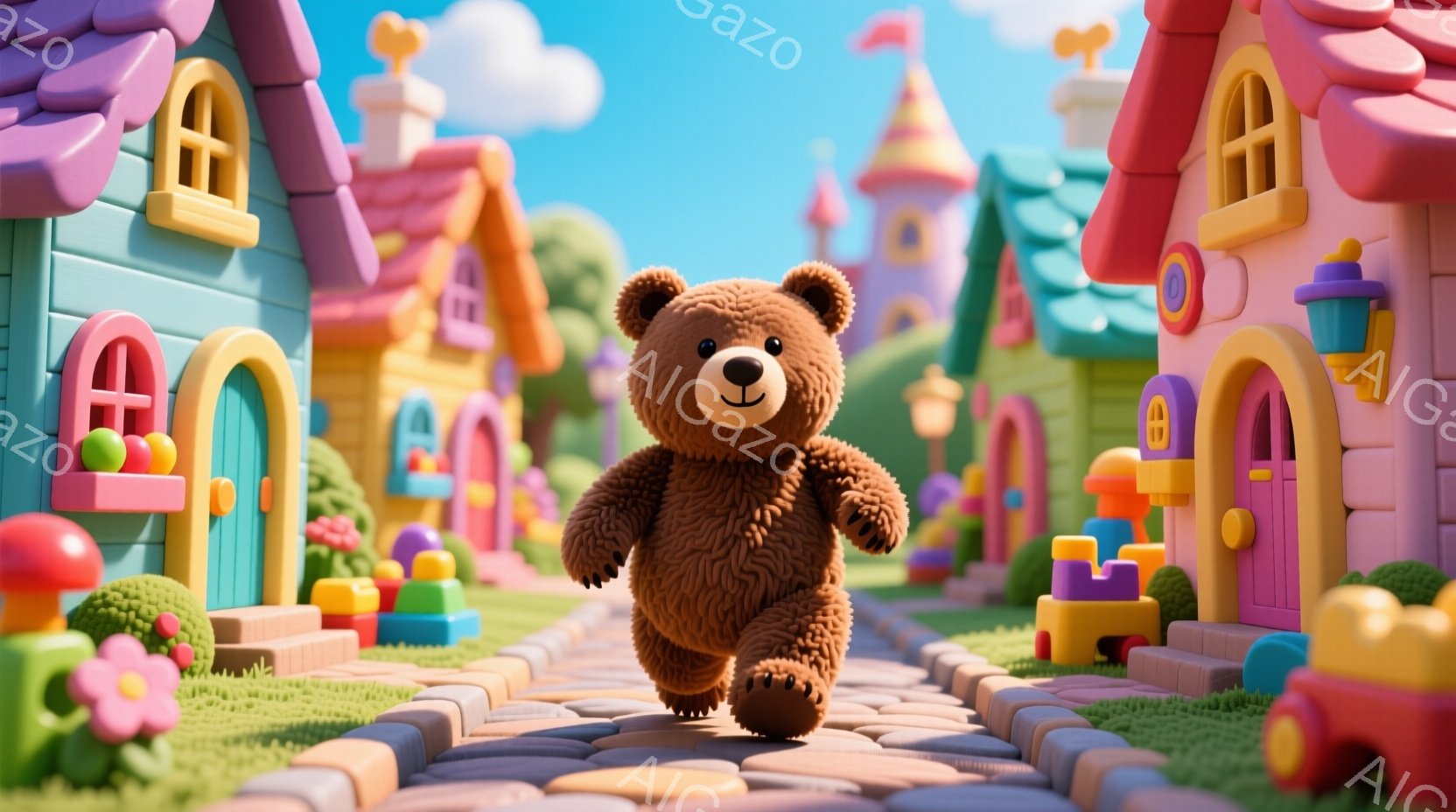 ふわふわの茶色のテディベアが、レンガ造りの道の中央を堂々と歩いています。背景には、カラフルで可愛らしいおもちゃのような家々が立ち並び、緑の草と青い空が広がっています。全体的に明るく、子供らしい、夢のよ - AI生成フリー素材