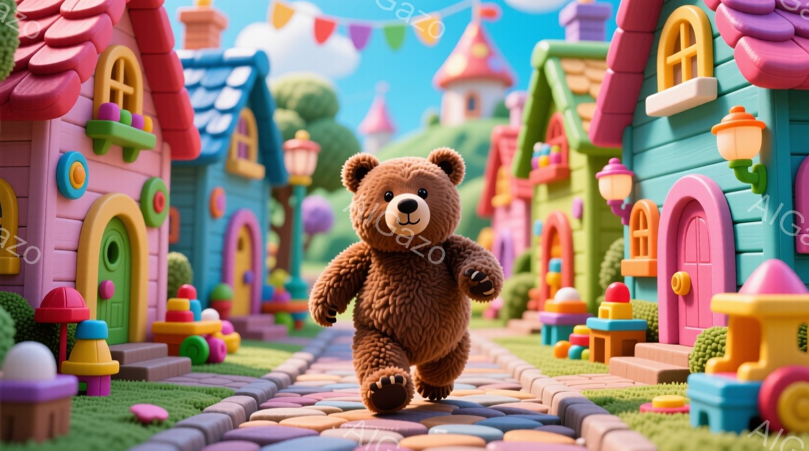 茶色のテディベアが、カラフルな建物が立ち並ぶ街路を歩いています。建物はピンク、水色、黄色など様々な色で塗られ、おもちゃのような可愛らしいデザインです。背景には、雲が浮かぶ青空が広がり、全体的に明るく、 - AI生成フリー素材