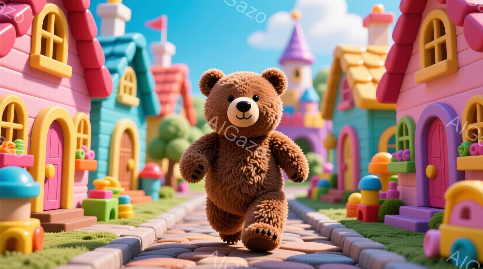 彩り豊かなカラフルハウス村の中を歩く茶色のリズム式の絨毯が描かれています。主人公である茶色のぬいぐるみが、足を延ばした状態で走ります。村は昔風の建物で構成されており、日差しが当たっていることが示されています。雰囲気は楽しく、童話のような魔法の村へ向かって進む旅に出るようなイメージです。