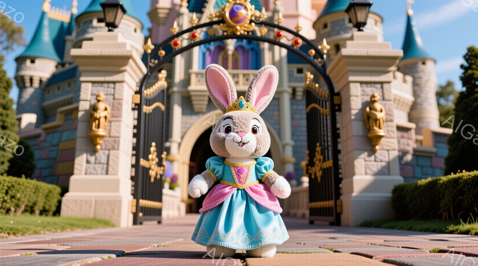 白いふわふわのウサギのぬいぐるみは、ターコイズブルーのドレスとピンクのショールを着て、可愛らしい表情で正面を見つめて立っています。背景にはシンデレラ城がそびえ立ち、緑豊かな庭園と青空が広がっています。全体的に夢のような、おとぎ話のような雰囲気です。