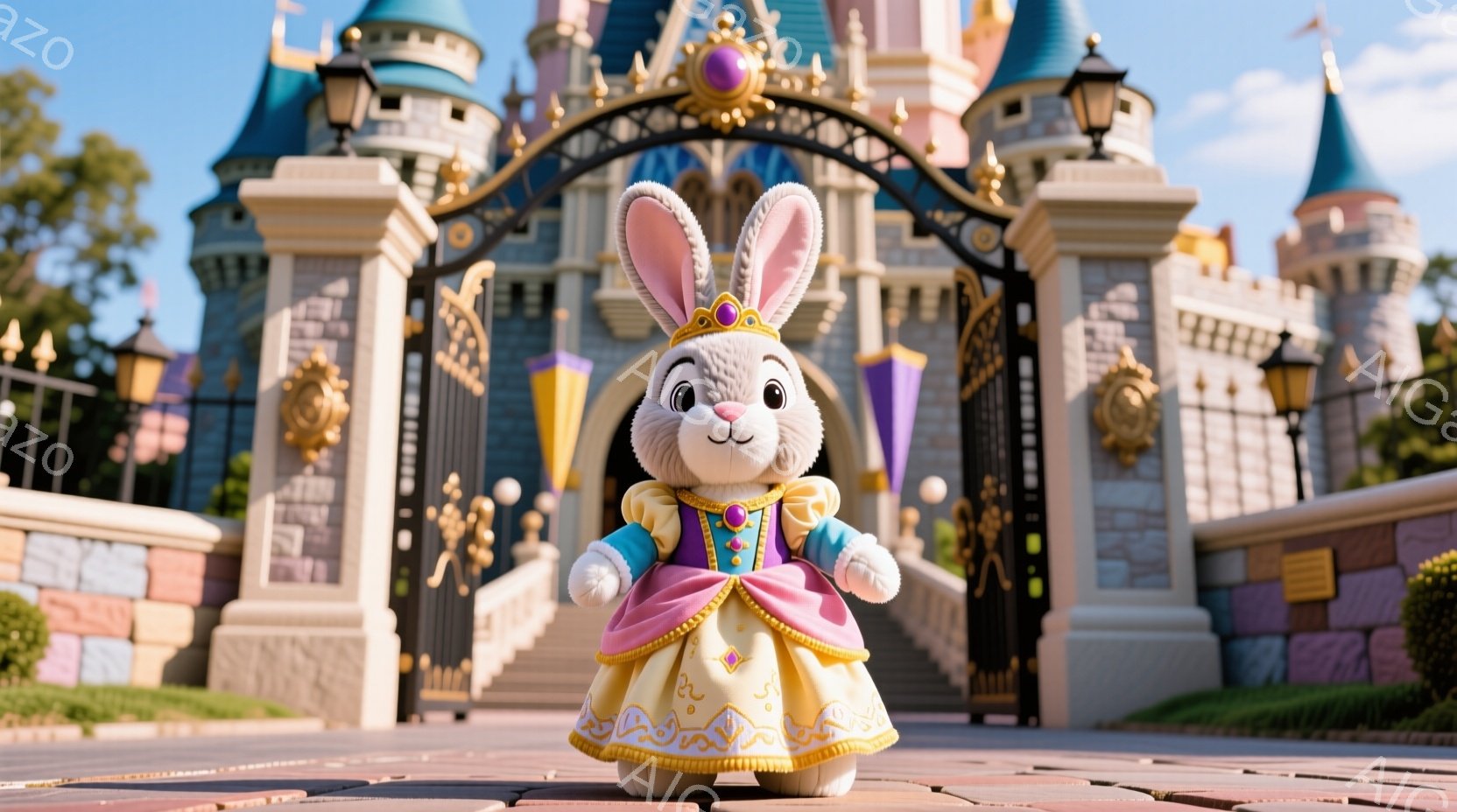 白いウサギのキャラクターが、豪華な黄色のドレスとピンクのケープを着て立っています。背景にはシンデレラ城のようなお城が見え、晴れた空と緑の芝生が広がっています。お城の装飾が華やかで、おとぎ話のような夢の - AI生成フリー素材