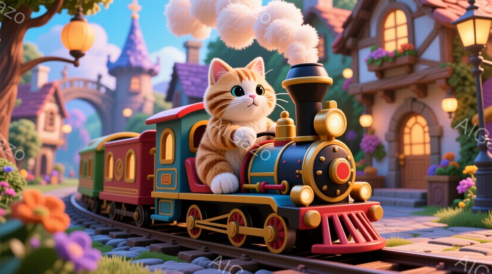 明るい色彩で描かれた列車に乗った子猫が描かれています。子猫は運転席に座り、嬉しそうに微笑んでいます。背景には、可愛らしい家々や色とりどりの花々が咲き乱れ、暖かく幻想的な雰囲気を醸し出しています。