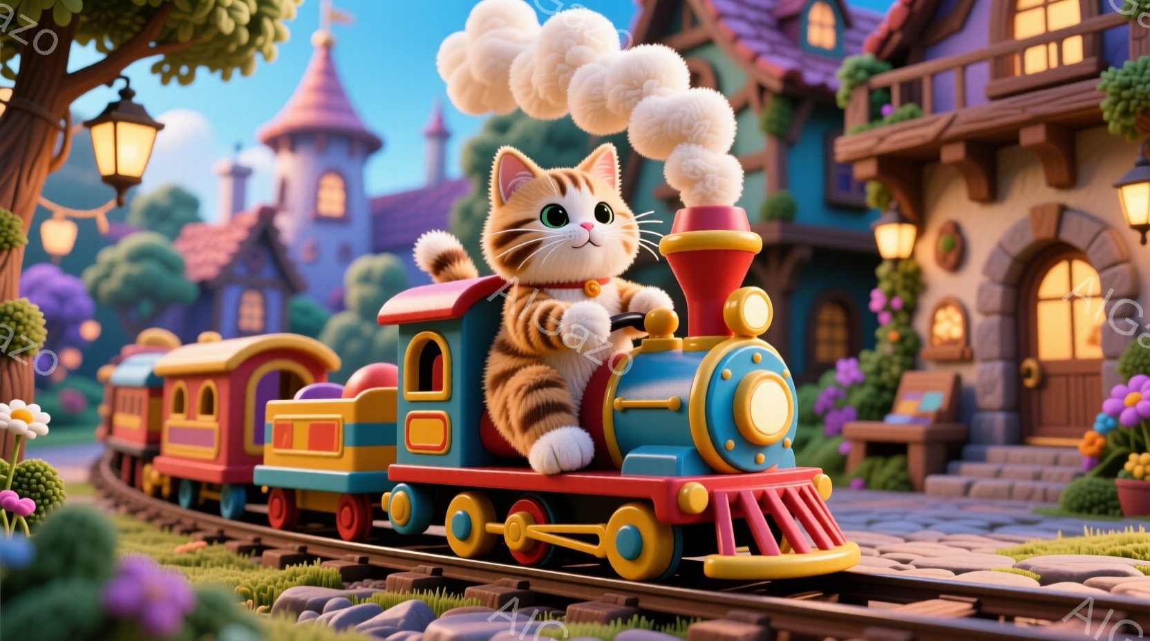 明るい色彩で描かれた列車を運転するオレンジ色の縞模様の猫が描かれています。猫は運転席に座り、楽しそうに微笑んでおり、列車の煙突からは蒸気が立ち上っています。背景にはカラフルな家々が並び、緑豊かな草地と花が咲き乱れ、夢のような暖かい雰囲気を醸し出しています。