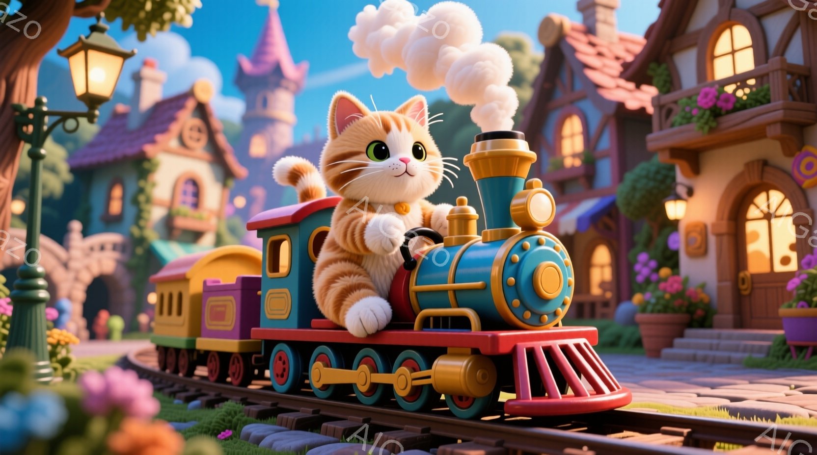 オレンジ色の毛並みを持つ子猫が、ターコイズブルーと赤紫色の小さな蒸気機関車の運転席に座り、満面の笑みを浮かべている。背景には、可愛らしいデザインの家々が並び、花壇には色とりどりの花が咲き乱れ、穏やかな春の日を思わせる暖かく幻想的な雰囲気である。機関車からは白い煙が立ち上り、子猫の楽しそうな表情と相まって、遊び心に満ちた可愛らしい世界観を作り出している。