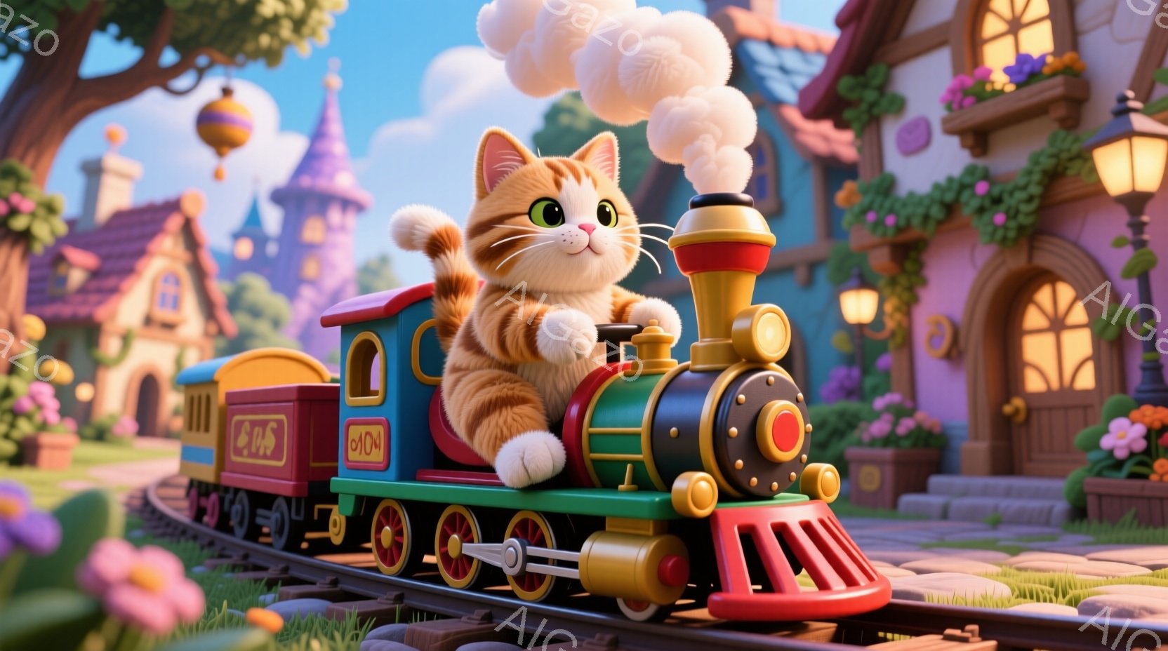 猫が操縦する小型機関車を見つめることのできるカートゥンで、風味や柔らかな毛皮で表現されている。猫は穏やかな表情をしており、背景には低い建物や花があり、春のような雰囲気が流れている。