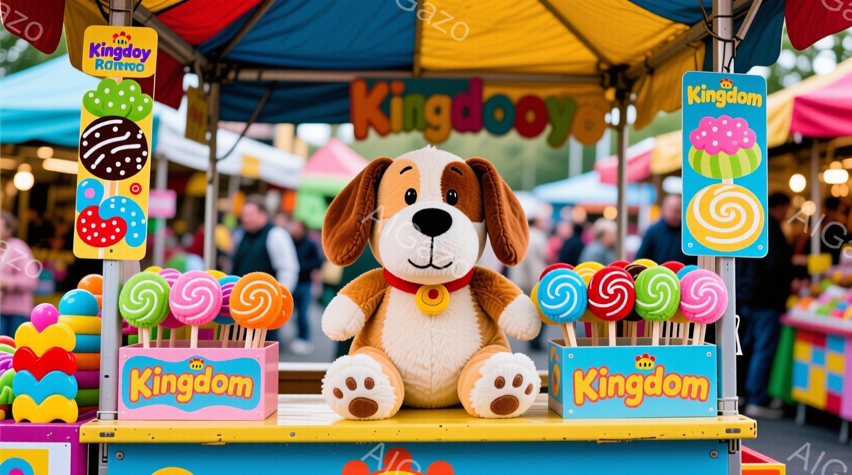 カラフルなキャンディが並ぶゲームの屋台で、大きな茶色の犬のぬいぐるみがおもちゃとして置かれています。屋台の上には「Kingdom」というロゴがあり、背景には他の屋台や人々が見え、遊園地のような賑やかな - AI生成フリー素材
