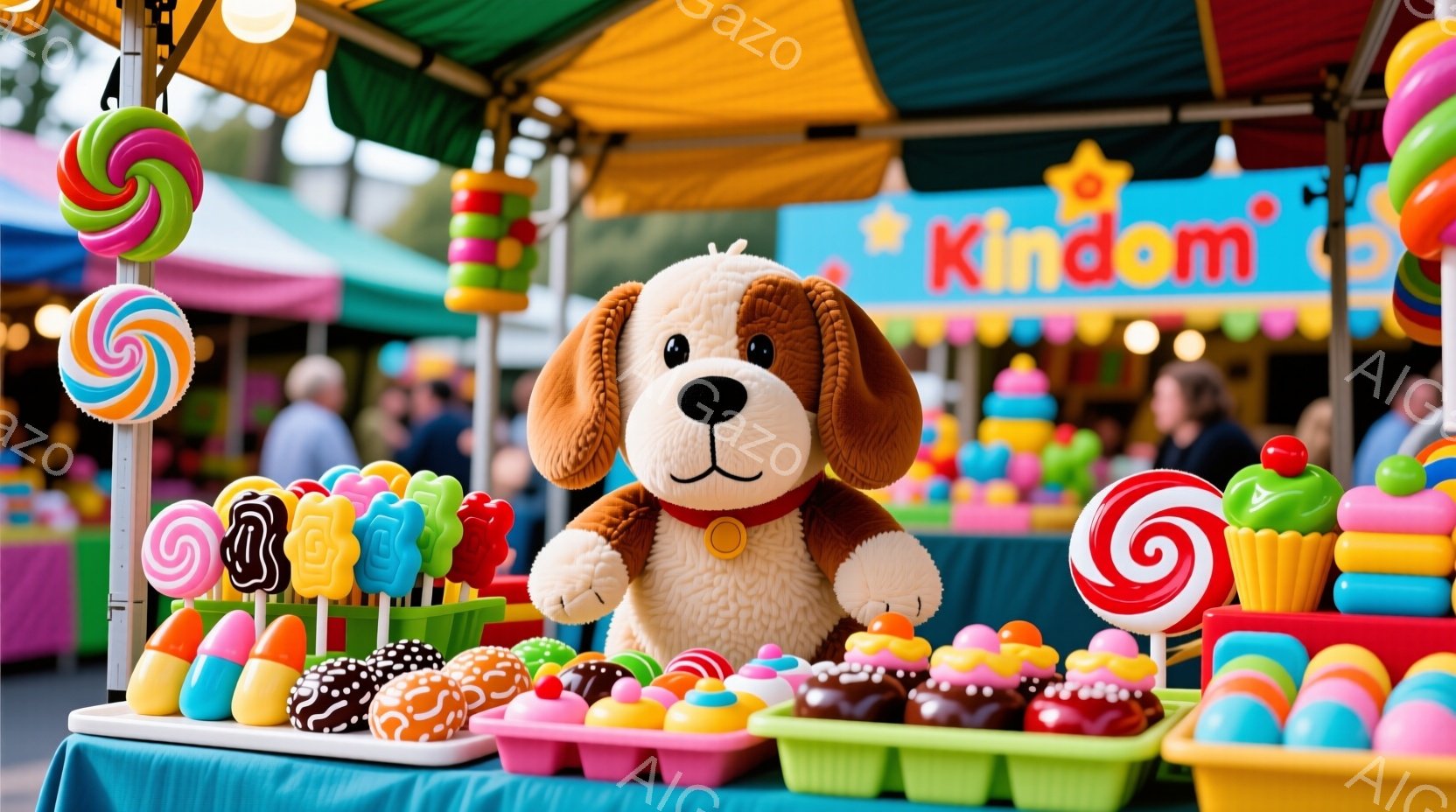 カラフルなキャンディやチョコレートが並んだ屋台の前に、大きなぬいぐるみ犬が置かれています。背景には、他の屋台や人々が見え、お祭りやイベントの活気ある雰囲気が伝わってきます。明るい色彩と多くの甘いお菓子 - AI生成フリー素材