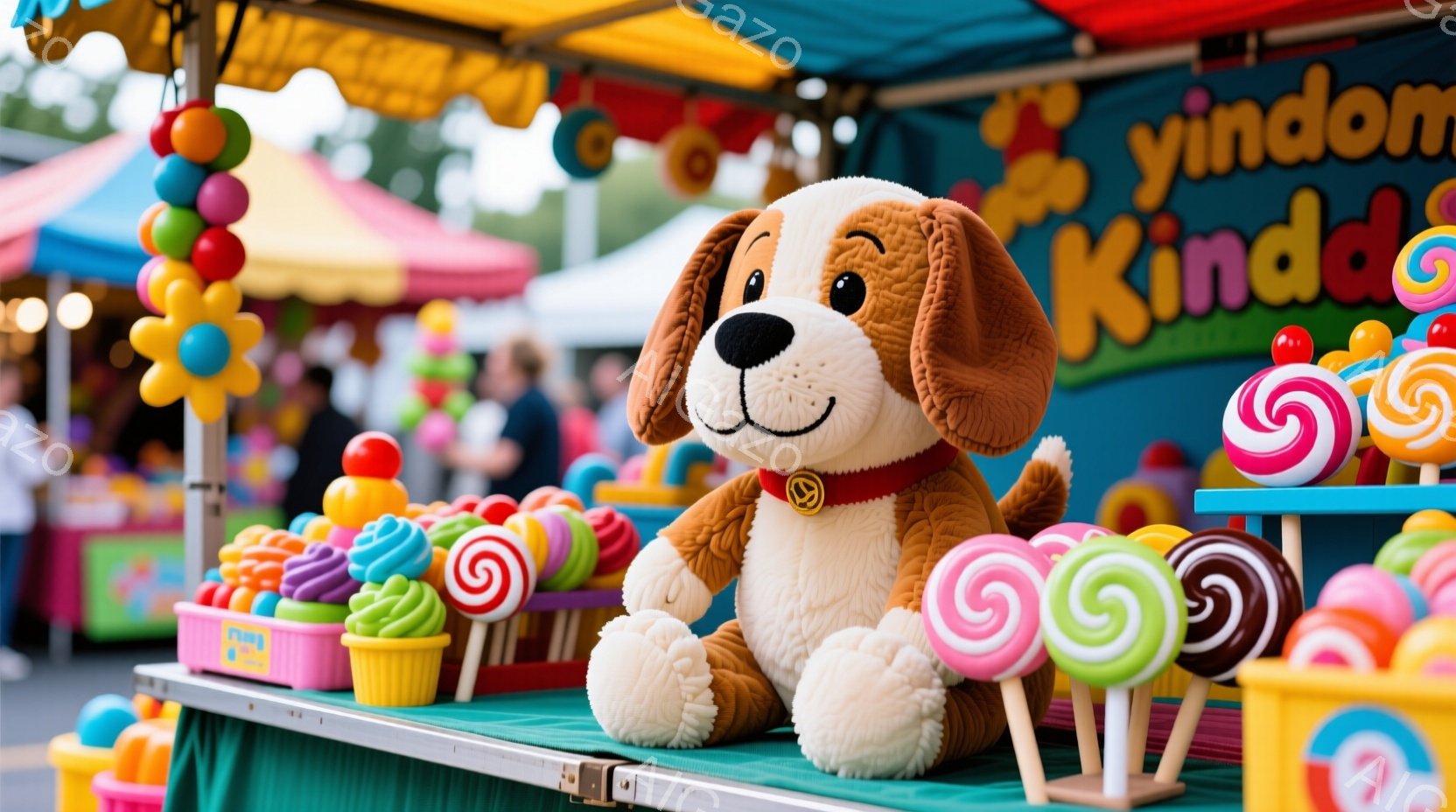 鮮やかな色使いの屋台が写っており、その中央には大きな犬のぬいぐるみがおかれている。周りにはキャンディーやクッキーなどの可愛らしいお菓子が飾られ、子供向けのイベントや祭りの賑やかな雰囲気が伝わってくる。 - AI生成フリー素材