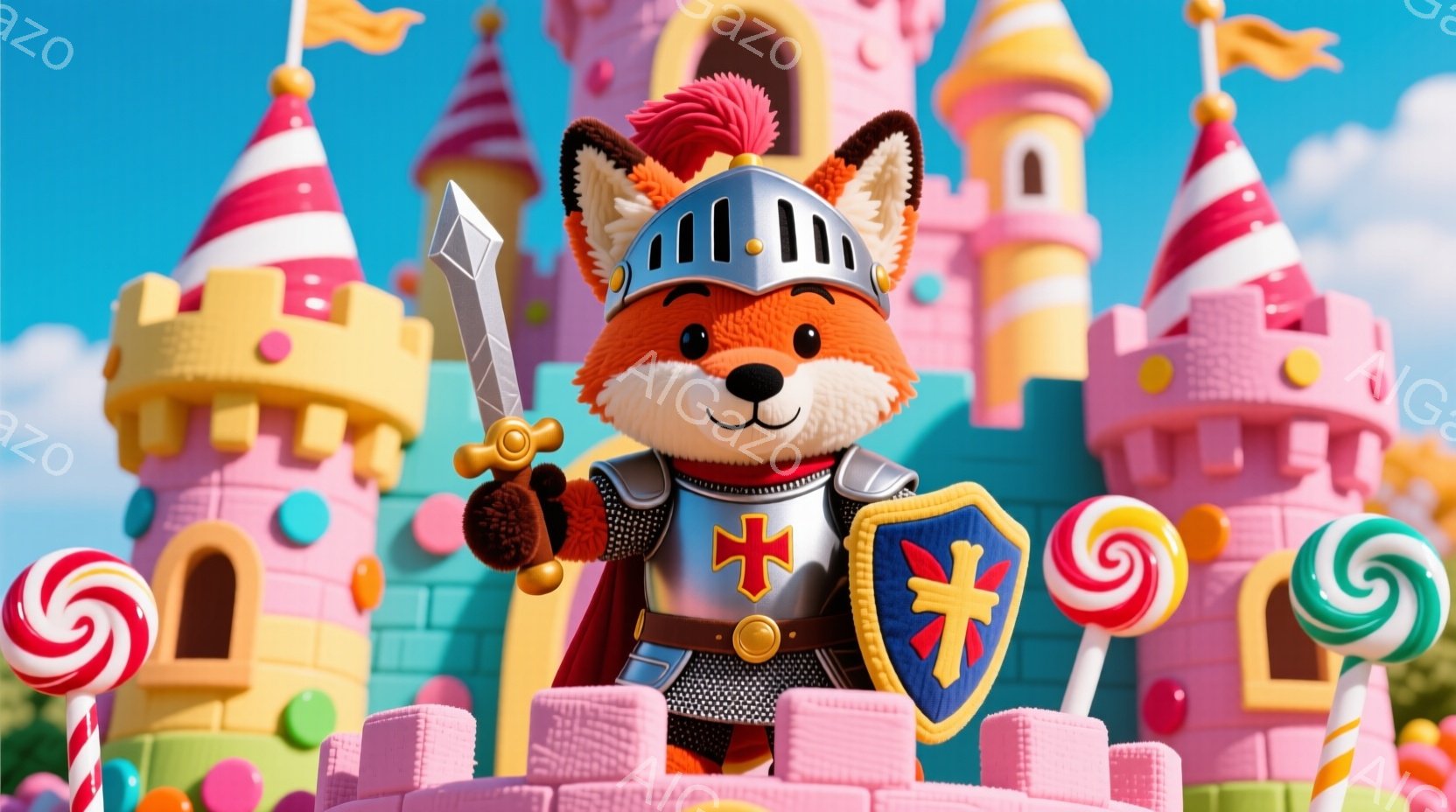 明るいピンクと黄色のキャンディのようなお城を背景に、鎧を着たキツネが立っている。キツネは銀色のヘルメットを被り、赤い十字が描かれた盾と剣を持っている。背景にはカラフルなキャンディが散りばめられ、おとぎ話のような甘くて夢幻的な雰囲気を醸し出している。
