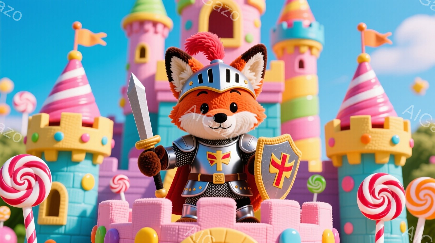 赤いキツネコが戦士の装備を身にまとい、勇気づく表情で砦を見つめる。バッターパンプリンとポップロックの周りは童話のような軽い、充実した空間。