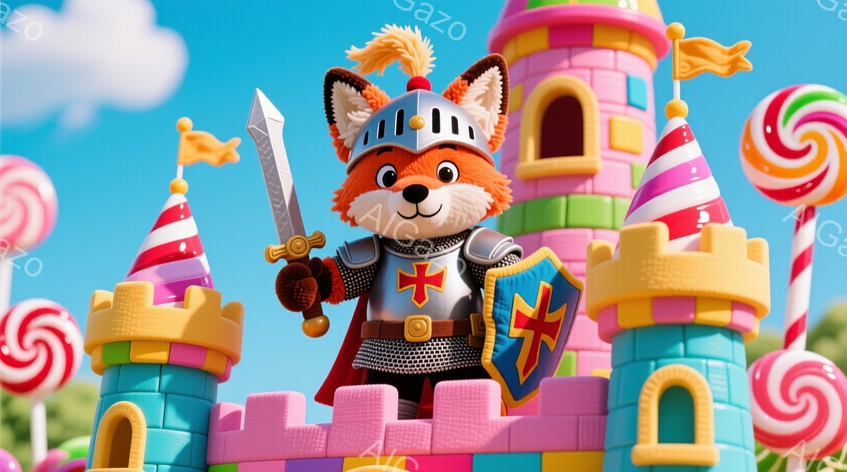 鮮やかなピンクと水色の城を背景に、中世の騎士の衣装を身につけた狐が描かれています。狐は銀色の鎧を着用し、赤いマントを羽織り、片手に剣、もう片手に盾を持っています。背景には、巨大なキャンディが立ち並び、晴天の空と城が、おとぎ話のようなファンタジーな雰囲気を作り出しています。