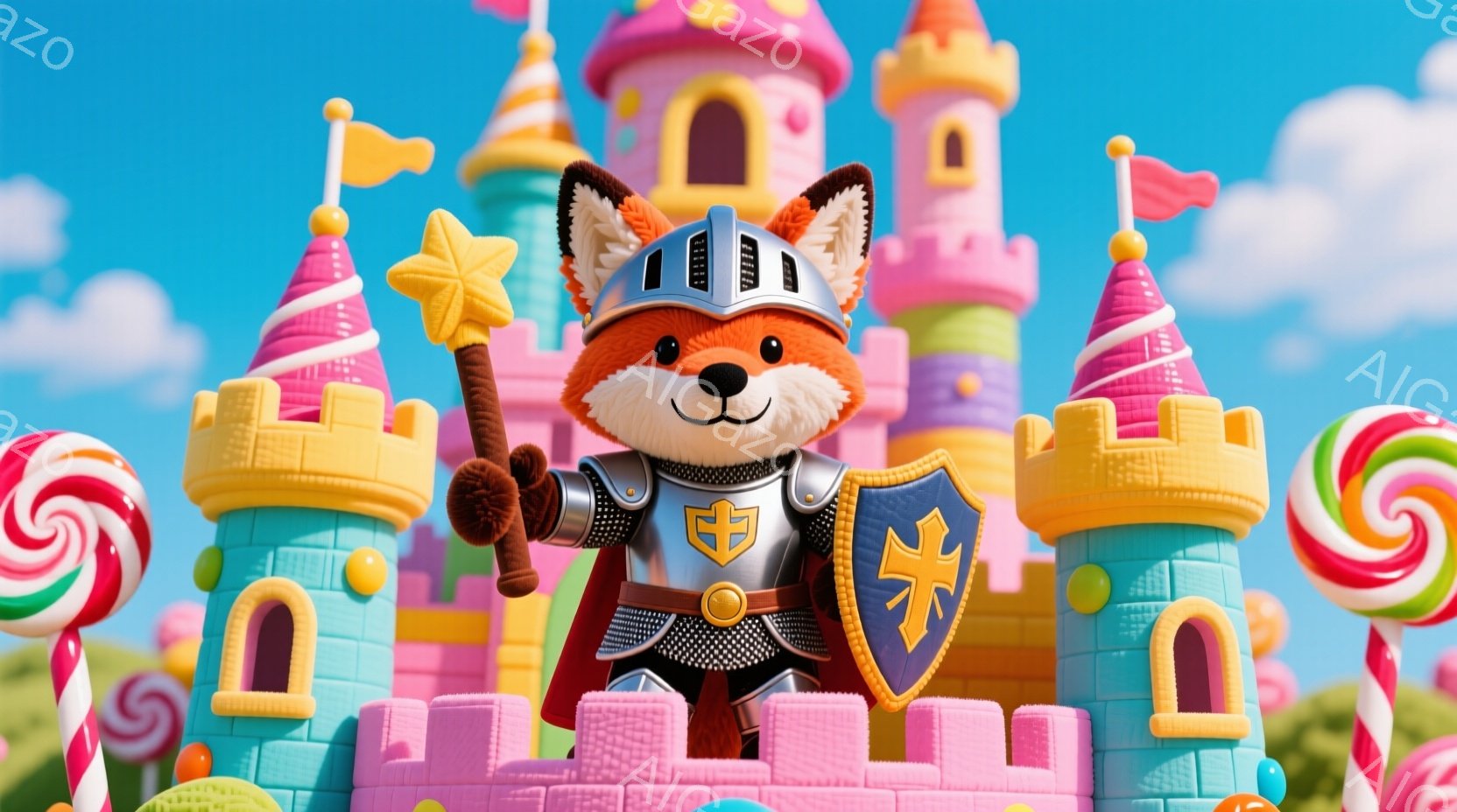 キツネのキャラクターが、中世ヨーロッパ風の騎士の鎧を身に着け、右手に星形の杖を持っています。背景には、キャンディのようなカラフルな城と、お菓子が散りばめられた牧歌的な風景が広がっており、晴天の下、夢のような雰囲気を醸し出しています。キャラクターは自信に満ちた表情で、まるで物語の主人公のようです。