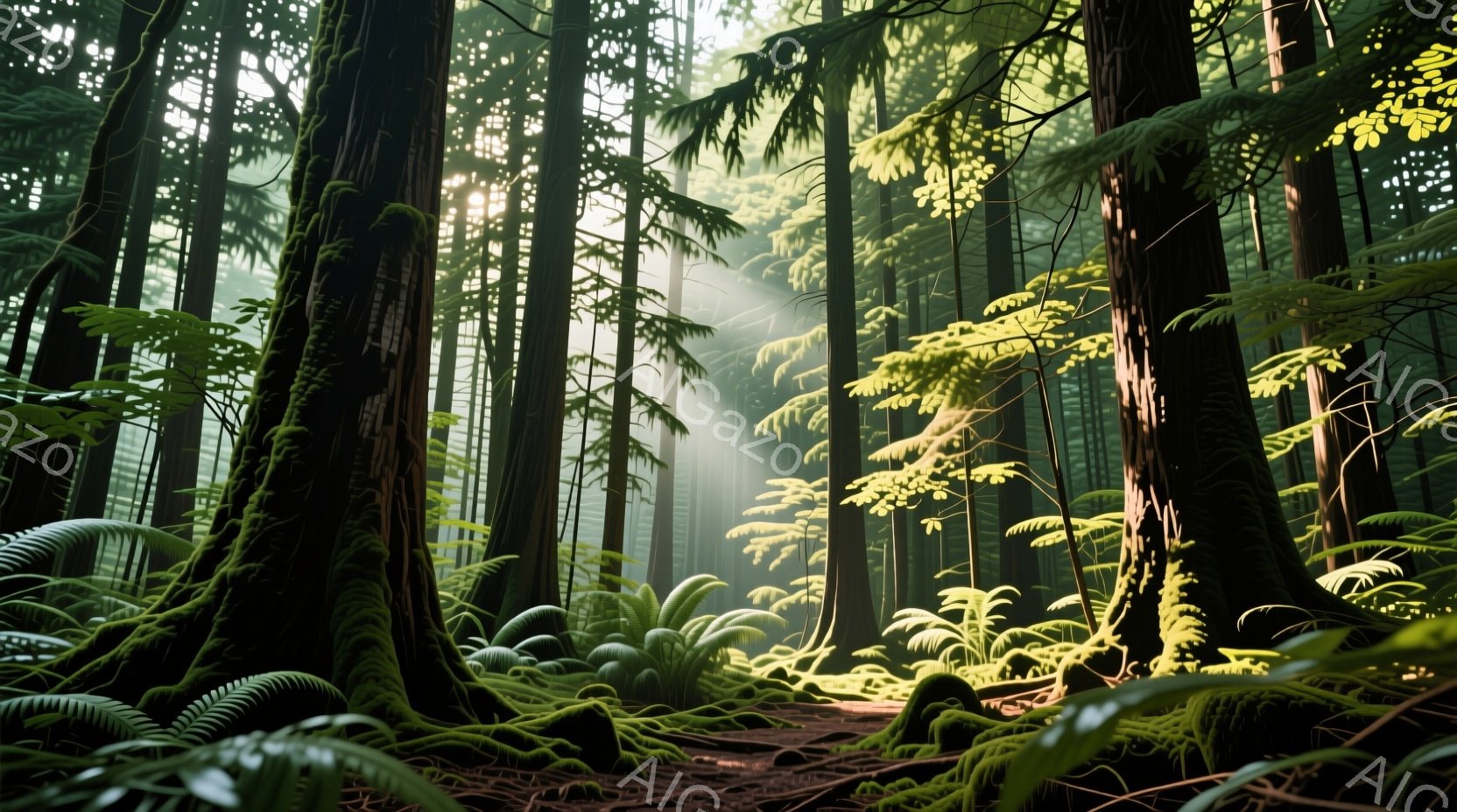巨大なセコイアの木々が生い茂る森の中を、光線が差し込み、幻想的な雰囲気を醸し出している。地面はシダ植物で覆われ、苔むした木の幹が特徴的で、湿潤な空気を感じさせる。足元には薄暗い小道が伸びており、静寂と神秘に満ちた空間が表現されている。