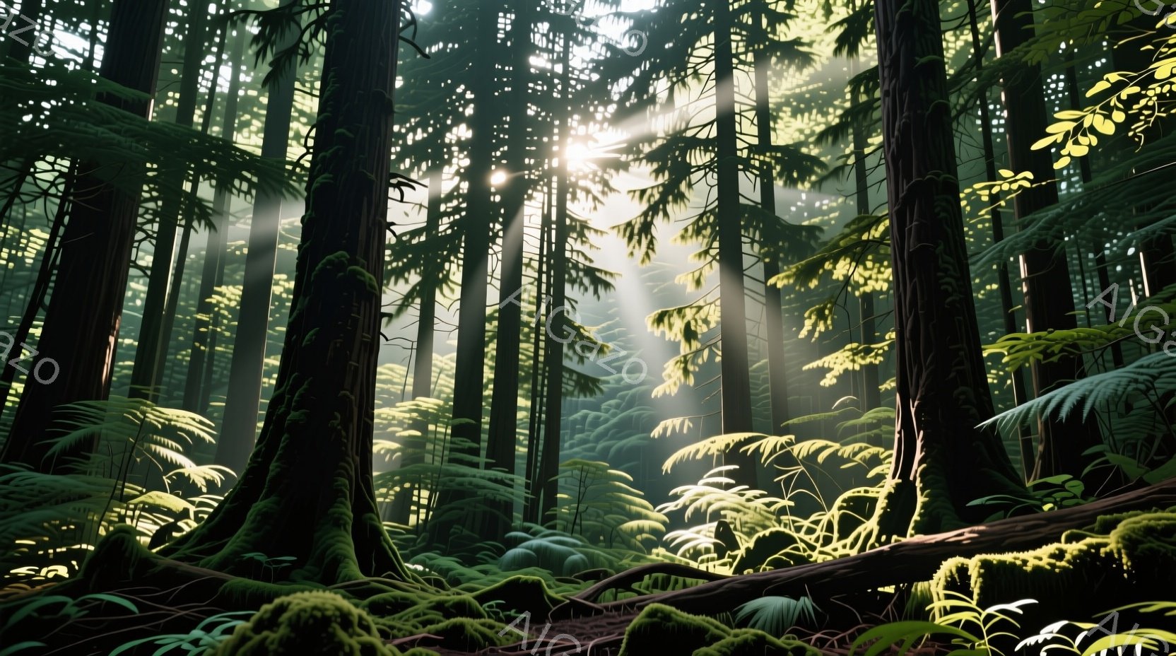 鬱蒼とした針葉樹林が広がり、苔むした太い樹幹が立ち並んでいる。木々の間から差し込む太陽光が、森の奥へと光の筋を作り出し、緑豊かなシダ植物が地面を覆っている。全体的に湿潤で神秘的な雰囲気が漂い、静寂の中に生命力があふれている。