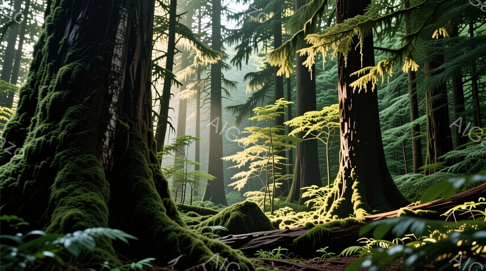 深い緑色の針葉樹林が広がり、太い幹には苔が豊富に生えている。太陽光が木々の間から差し込み、林床に明るい光の筋を作り出している。全体的に神秘的で静謐な雰囲気が漂い、生命力に満ちた自然の息吹を感じさせる。 - AI生成フリー素材