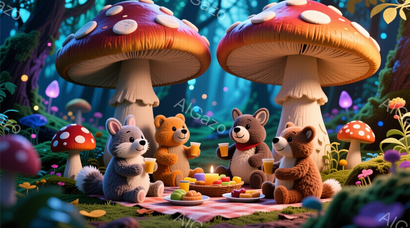 かわいいテディベアとリスが、赤いチェックのピクニックシートの上で楽しそうにティータイムをしています。周りには大きな赤いキノコが生え、緑豊かな草地と苔が広がり、背景には幻想的な光が灯る森が広がっています。全体的に温かく、夢のような雰囲気で、幸せなティーパーティーの様子が伝わってきます。