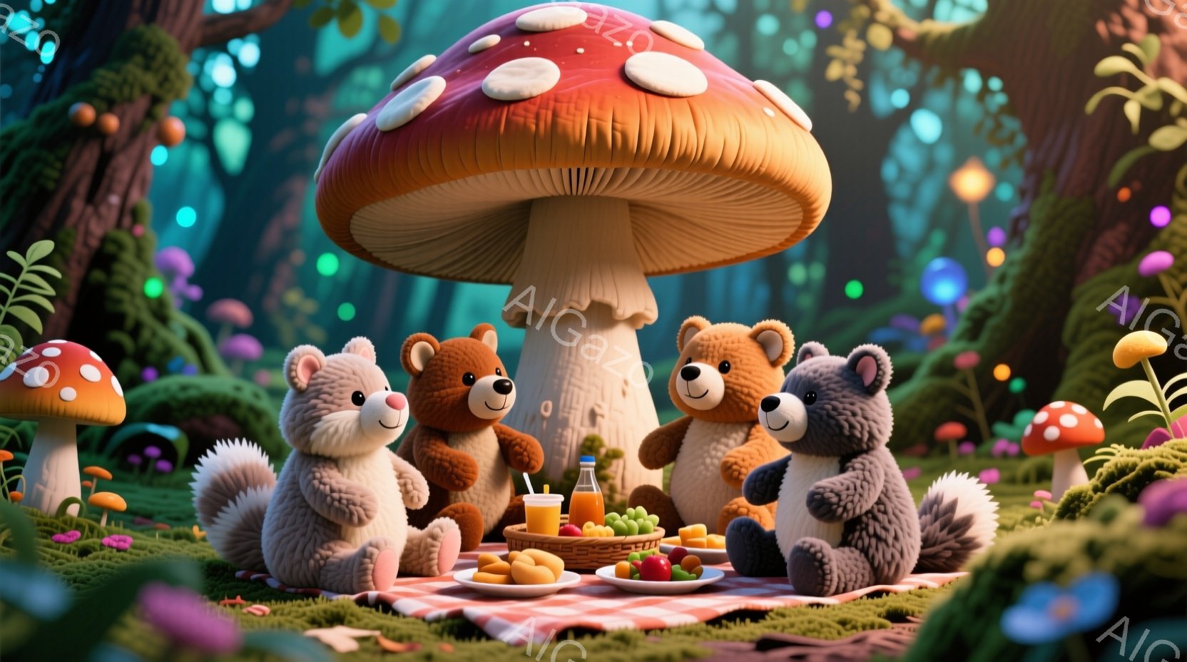 苔むした緑の地面に赤いチェックのピクニックブランケットが敷かれ、その周りに４匹のテディベアたちが円状に座っています。クマたちはそれぞれ異なる毛色で、前に置かれたバスケットに入った果物やオレンジジュースを囲み、楽しげなピクニックを楽しんでいるようです。背景には巨大なきのこや植物が生い茂り、ファンタジーの世界を思わせる雰囲気です。