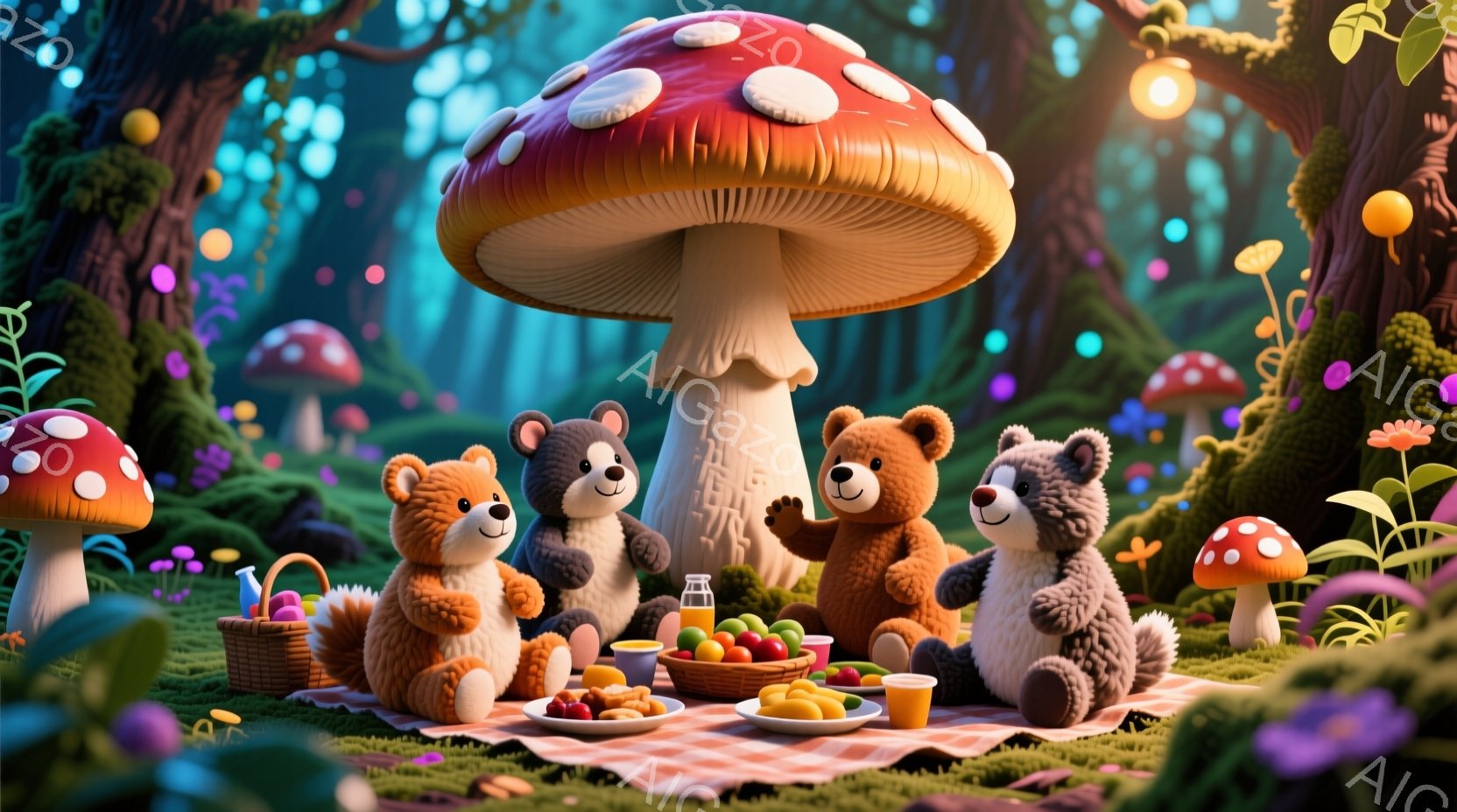 緑豊かな森の中で、四匹のテディベアがピクニックを楽しんでいます。それぞれ異なる毛色と表情を持ち、赤いチェックの布の上に置かれた食べ物を囲んでいます。背景には巨大なキノコや花が咲き乱れ、幻想的で温かい雰囲気を醸し出しています。