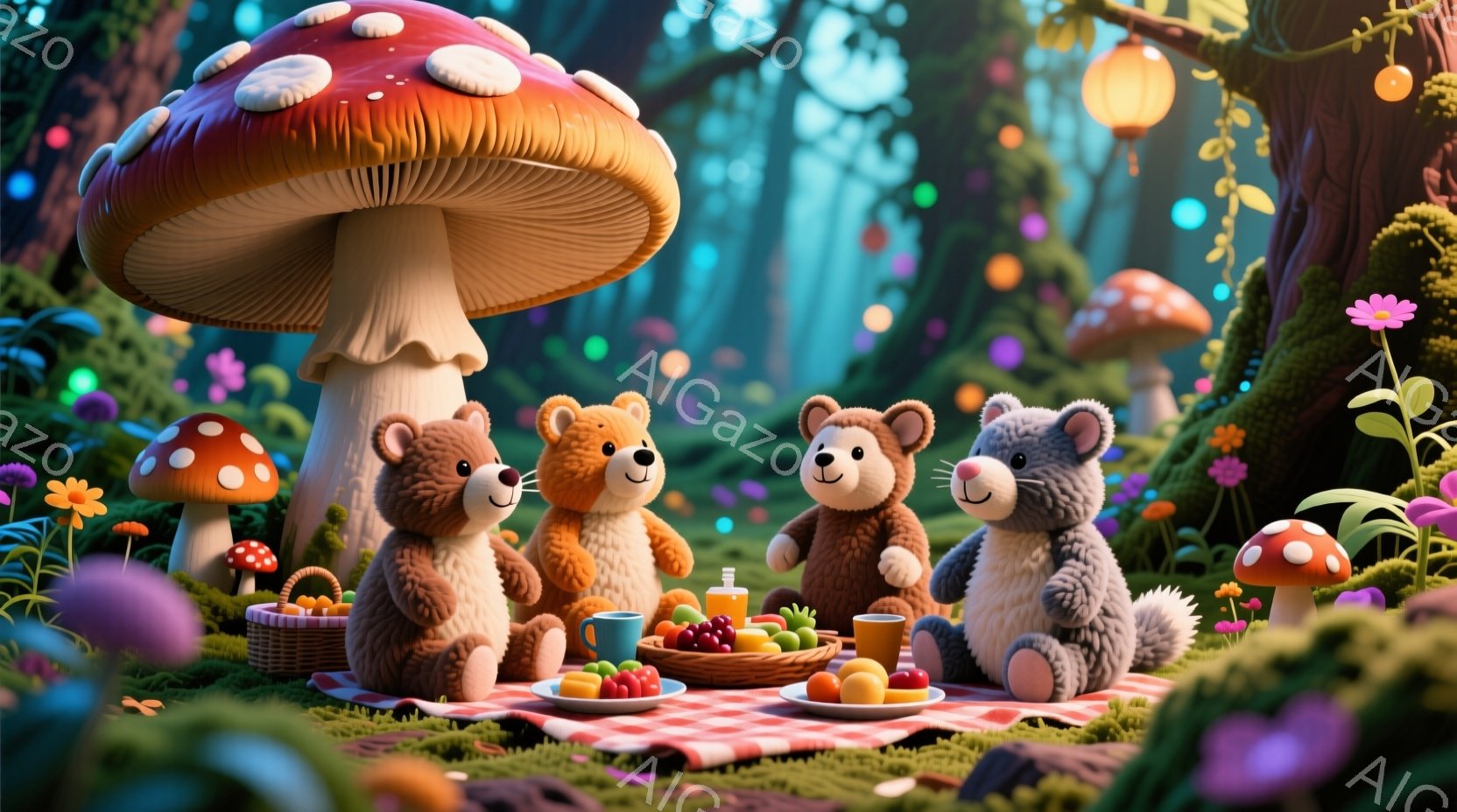 鮮やかなキノコが生い茂る森の中で、四匹のテディベアがピクニックを楽しんでいます。それぞれ異なる毛色を持ち、赤いチェックの敷物の上に座り、果物や飲み物が並んだバスケットを囲んでいます。背景には幻想的な光が差し込み、温かく可愛らしい雰囲気を醸し出しています。