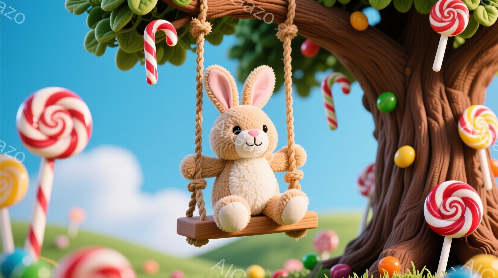 ふわふわの茶色のウサギのぬいぐるみは、ロープで吊るされた小さなブランコに座っています。背景には、カラフルなキャンディーや緑の葉が生い茂る木があり、遠くには穏やかな丘が見えます。全体的に、遊び心があり夢のような雰囲気で、明るい空がその雰囲気をさらに高めています。