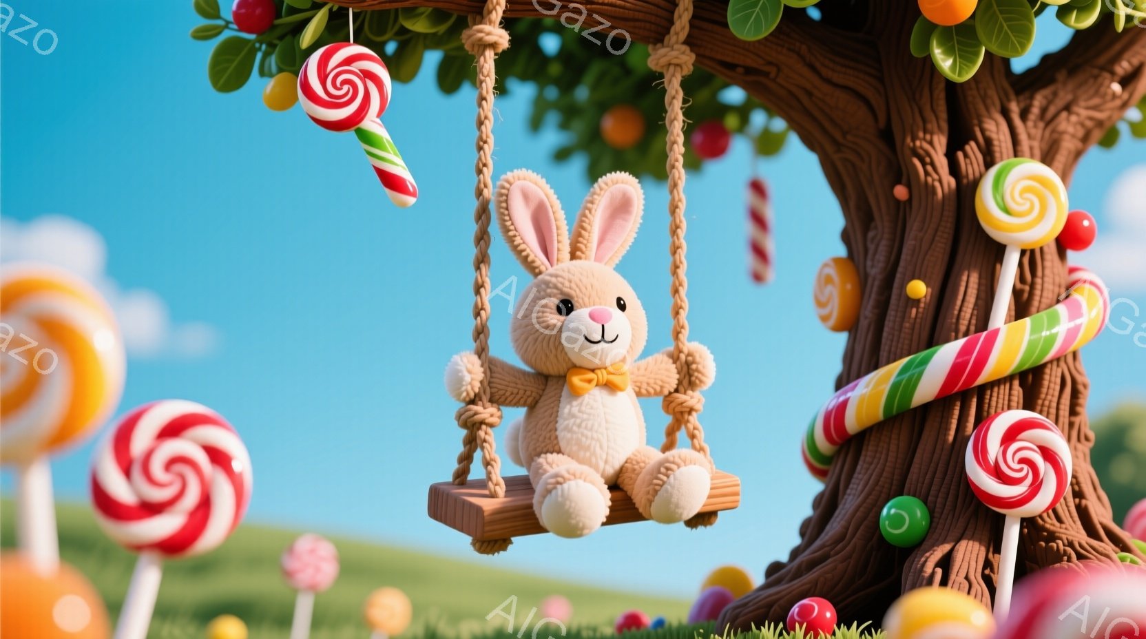 ぬいぐるみのような可愛らしい茶色のウサギが、キャンディーが実った木の枝から吊るされたブランコに座っています。ウサギはオレンジ色の蝶ネクタイを締め、穏やかな笑顔を浮かべています。背景には、さまざまな色とりどりのキャンディーが咲き乱れ、青空と緑の丘が広がり、夢のような楽しい雰囲気を醸し出しています。