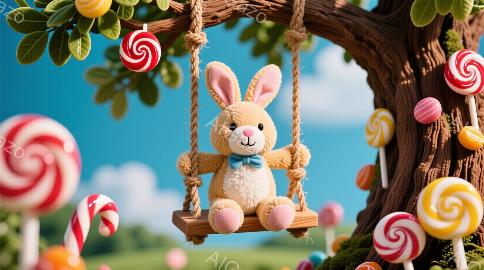 柔らかいベージュ色のウサギのぬいぐるみは、水色のリボンを結んだ首に、青い蝶ネクタイをつけている。ウサギは木製のブランコに座り、微笑んでおり、周囲にはカラフルなキャンディが散りばめられた緑の草原が広がっている。背景には穏やかな青空と緑の葉が茂った木があり、夢のような、甘くて可愛らしい雰囲気を醸し出している。