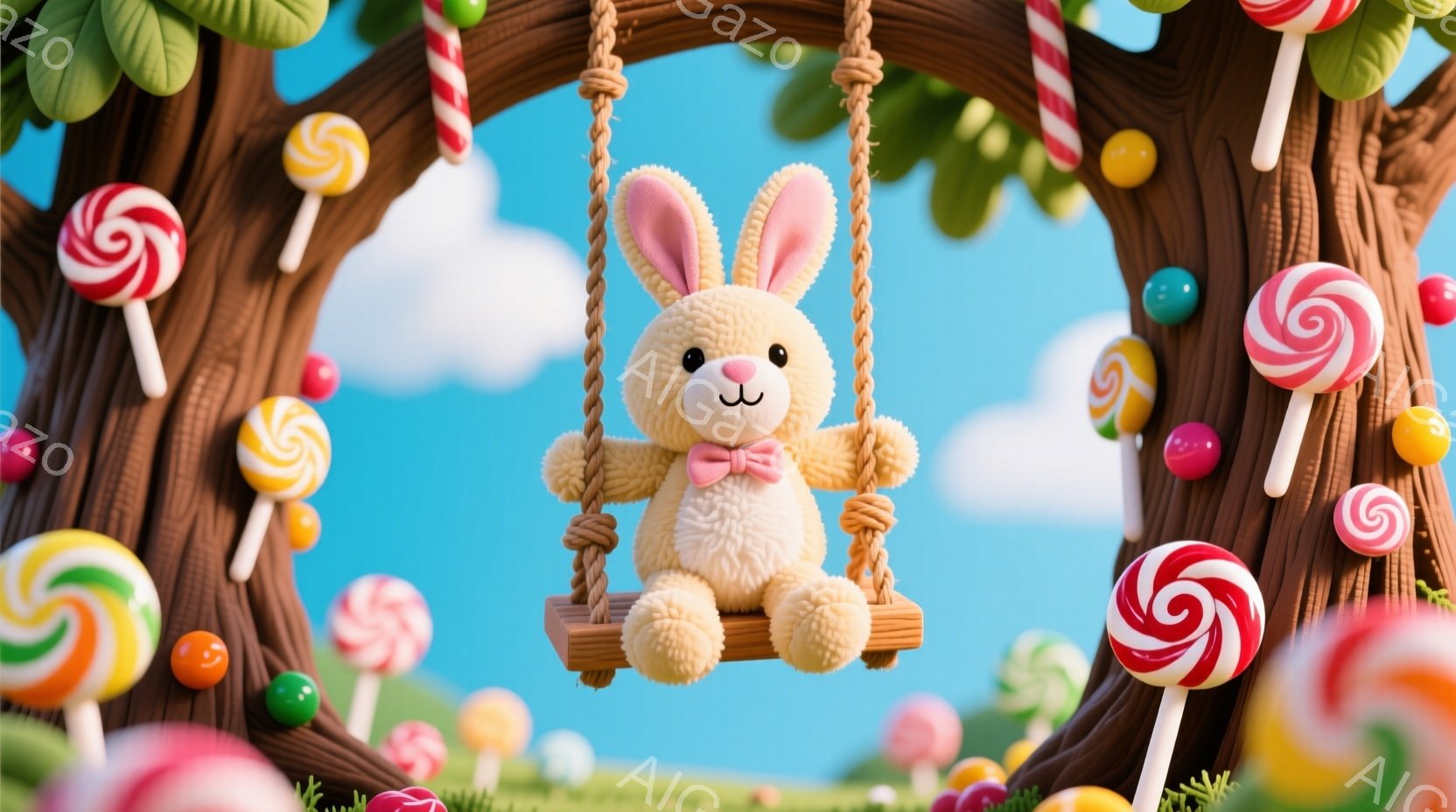 ふわふわのクリーム色のウサギのぬいぐるみは、木の枝に吊るされたブランコに座っています。ピンクの蝶結びのリボンをつけており、愛らしい表情をしています。背景には、カラフルなキャンディが咲き誇る、鮮やかで夢のような風景が広がっています。