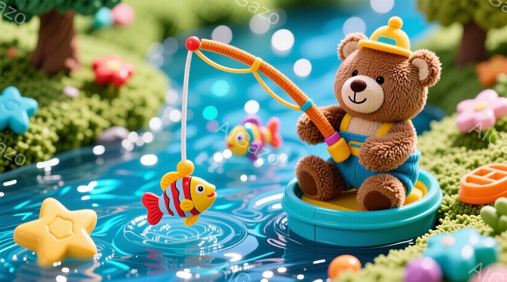 ぬいぐるみのような茶色のクマが、小さな緑色のボートに座って釣りをしています。クマは青いオーバーオールと黄色い帽子をかぶり、嬉しそうな表情で赤い縞模様の魚を釣り上げています。背景には、カラフルな花や星が - AI生成フリー素材