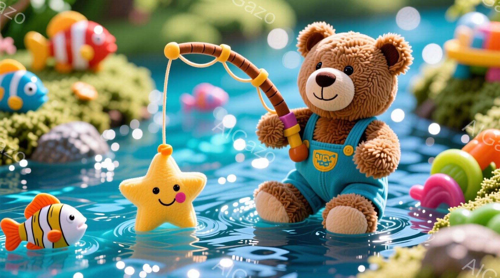 柔らかい茶色のテディベアが水面に浮かび、青いオーバーオールを着て釣りを楽しんでいます。鮮やかなオレンジ色の星形の魚を釣り上げ、嬉しそうな表情をしています。背景にはカラフルな魚や水生植物が浮かび、全体的 - AI生成フリー素材