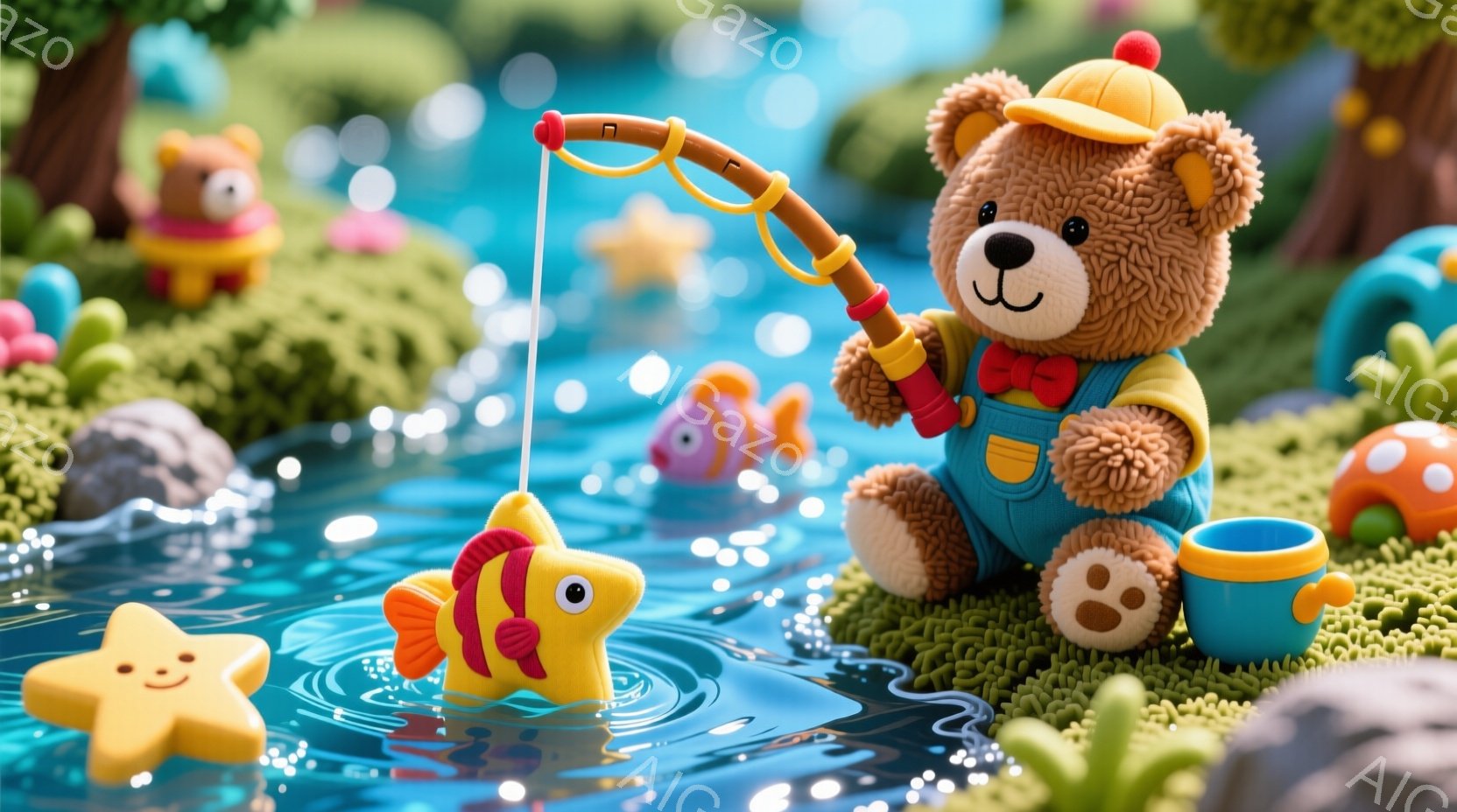 ふわふわのテディベアが、鮮やかなオレンジと白の魚を釣り上げている様子が描かれています。ベアはブルーのオーバーオールと赤いシャツを着ており、頭には黄色い帽子をかぶっています。背景には緑の草、カラフルなキノコ、水中に浮かぶ星や魚があり、楽しげで幻想的な雰囲気を醸し出しています。