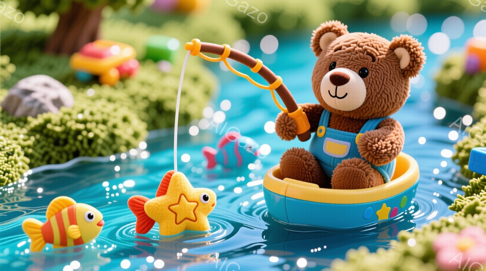 茶色のテディベアが青いボートに乗って釣りを楽しんでいます。クマはオーバーオールを着て、幸せそうに微笑んでおり、オレンジ色の魚が釣り糸に掛かっています。背景には緑豊かな植物と、水面に浮かぶカラフルな魚が - AI生成フリー素材