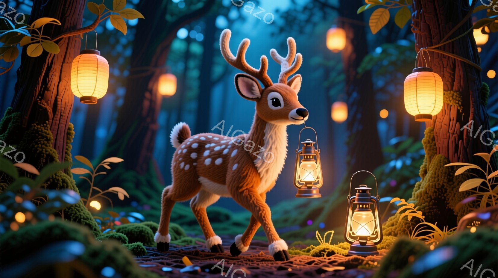 鹿が緑豊かな森の中に立っており、その周囲には提灯が浮かんでいます。その鹿は愛らしい表情で、丸い目と小さな角が特徴です。背景は苔むした木々や植物で覆われ、幻想的で穏やかな雰囲気を醸し出しています。