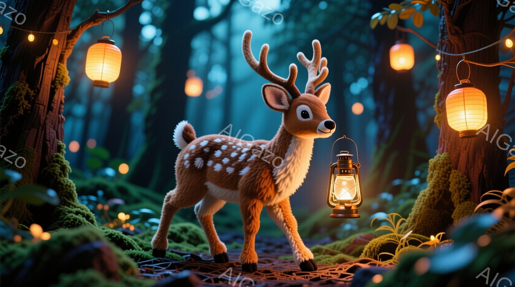 可愛らしい子鹿が、緑豊かな森の中でランタンを手に立っている。周囲には苔むした木々や小さなキノコが生い茂り、頭上には暖かく光るランタンがいくつか吊るされている。全体的に幻想的で温かい雰囲気で、まるで絵本の世界のようだ。