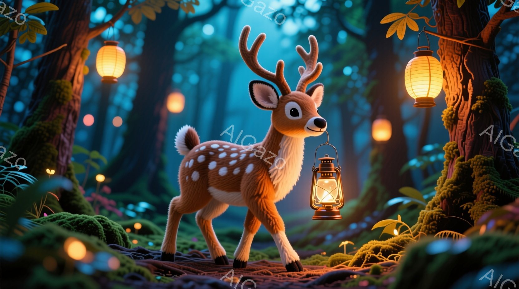 苔むした森の中で、愛らしい子鹿がランタンを持って立っている。柔らかい茶色の毛並みと白い斑点が特徴で、大きな瞳は好奇心に満ちている。背景には緑豊かな植物が生い茂り、暖かい光が灯されたランタンが幻想的な雰囲気を醸し出している。
