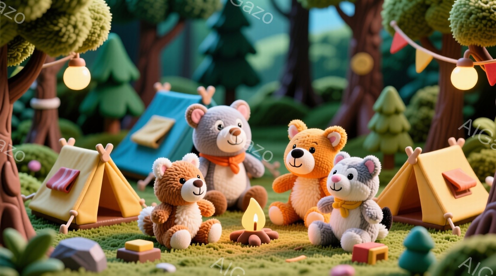 暖炉の周りに座っている四匹のかわいいクマが描かれています。各クマは異なる色の毛並みで、それぞれオレンジ、茶色、灰色、そしてベージュの毛並みを持っています。背景には、可愛らしいテントや丸い木々があり、ま - AI生成フリー素材