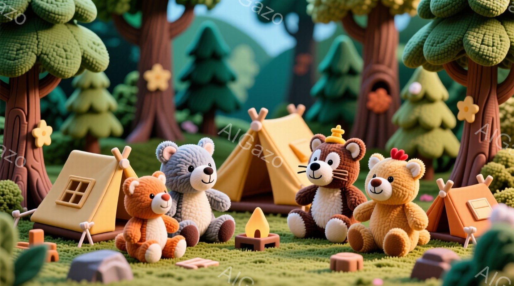ぬいぐるみのようなクマたちが、緑の草原でキャンプを楽しんでいます。オレンジ色、灰色、茶色、クリーム色のクマたちはそれぞれ異なる服装で、楽しそうな表情を浮かべています。背景には、様式化された木々やテント - AI生成フリー素材