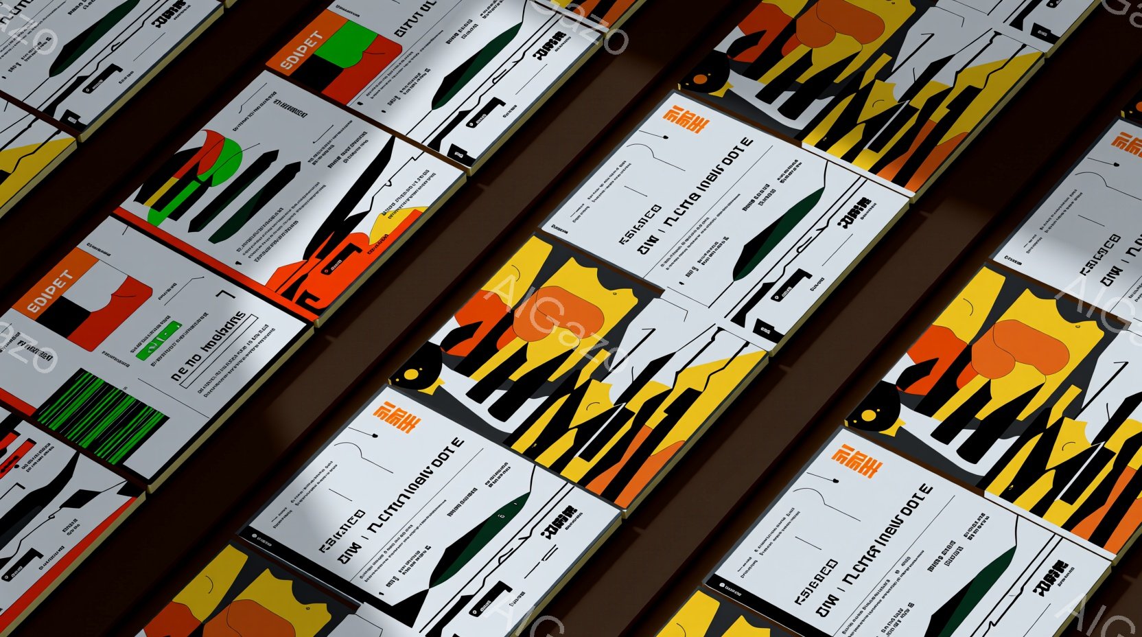 鮮やかなオレンジ、黒、白を基調とした抽象的なパターンが、画面全体を覆うテキスタイルデザインである。パターンは角度を持って配置され、幾何学的な形状と文字が組み合わさり、現代的でダイナミックな印象を与える - AI生成フリー素材