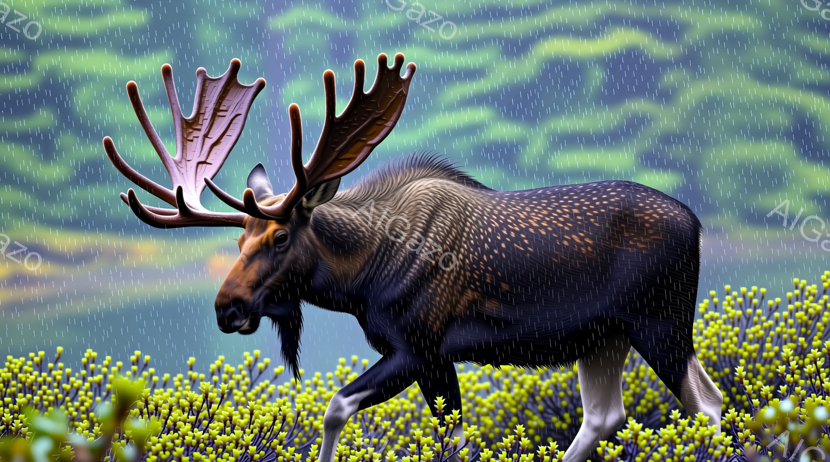 巨大な角を持つ雄のトナカイが、鮮やかな黄色の植物が生い茂る場所に立っている。背景には雨が降り、ぼやけた緑色の丘が広がっている。全体的に、少し幻想的で、雨の日の自然の静けさを感じさせる雰囲気である。