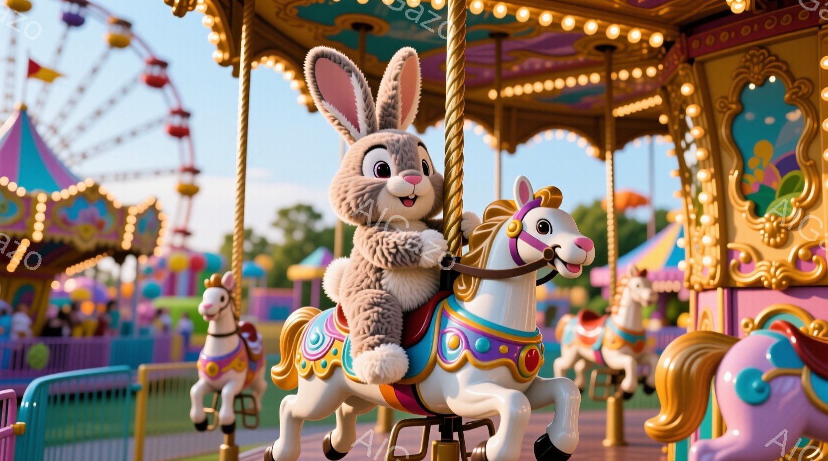 ディズニーランドのテーマパークを舞台にしたファミリーフレンドリーなショッピングアイテムです。中心にはポニーテールが描かれており、その周囲には友達と一緒に過ごすための多くの小さな動物や人形がいます。背景は明るく、楽しい気分を出します。これらは、ディズニーファンや子供たちにとって幸せで温かみのある場所を描写しています。