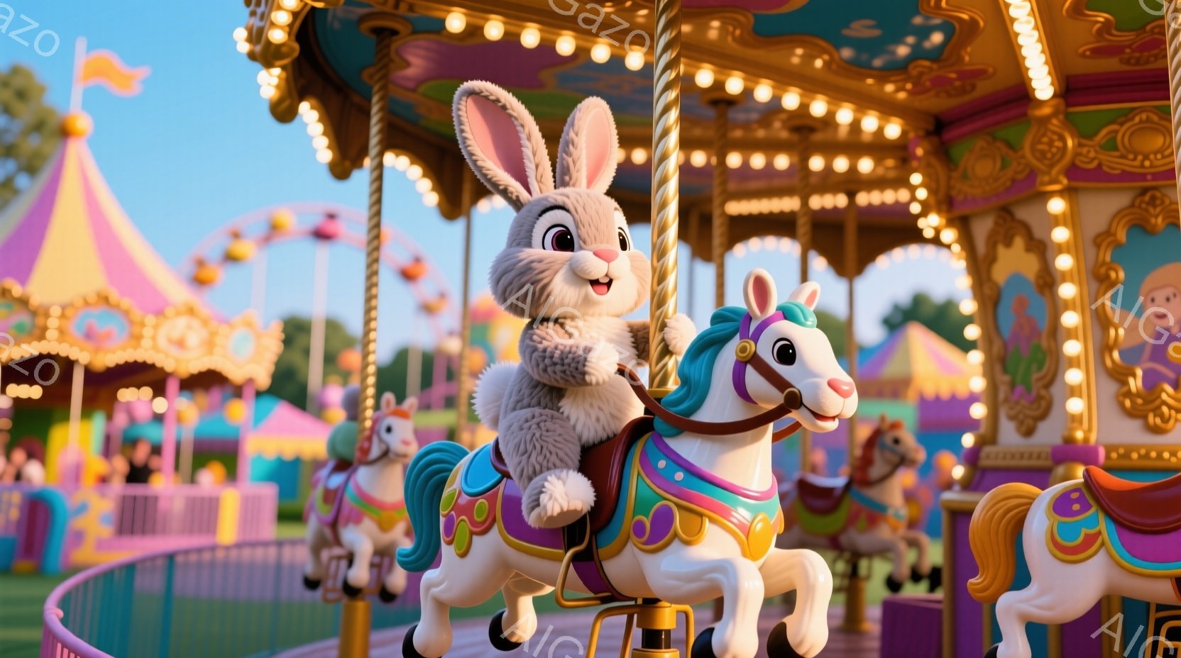 白いウサギのキャラクターが、メリーゴーランドの白い馬に乗っています。ウサギは笑顔で、とても楽しそうに見え、馬の背中にしっかりと腰掛けています。背景には、カラフルなメリーゴーランドの装飾、テント、そして穏やかな晴天の空が広がっており、全体的に明るく陽気な雰囲気が漂っています。