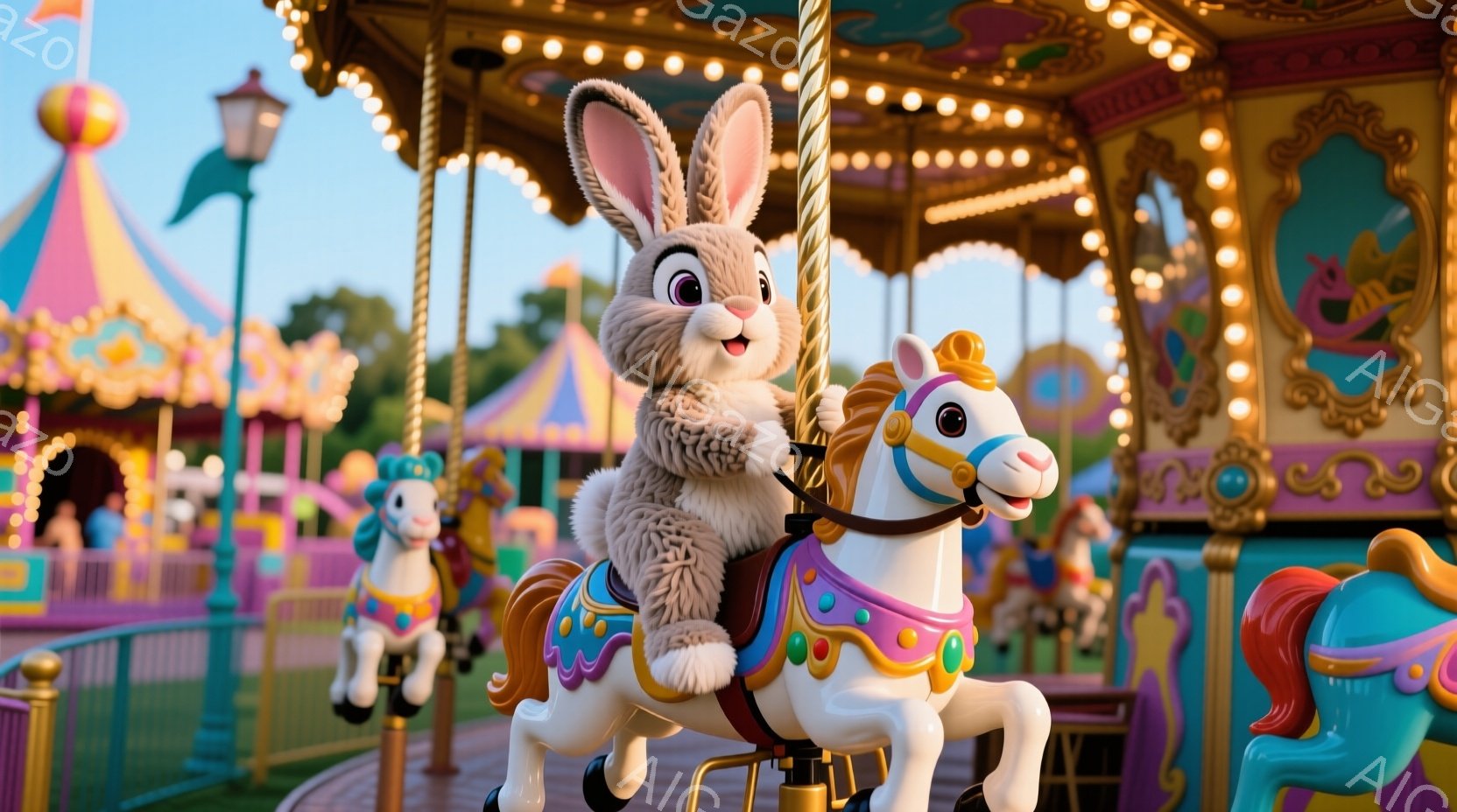 白い毛並みのウサギが、回転木馬の白い馬に乗って楽しんでいます。ウサギは満面の笑みを浮かべ、前足を広げて嬉しそうにしています。背景にはカラフルな回転木馬と、遊園地の賑やかな雰囲気、そして夕焼け空が広がっ - AI生成フリー素材