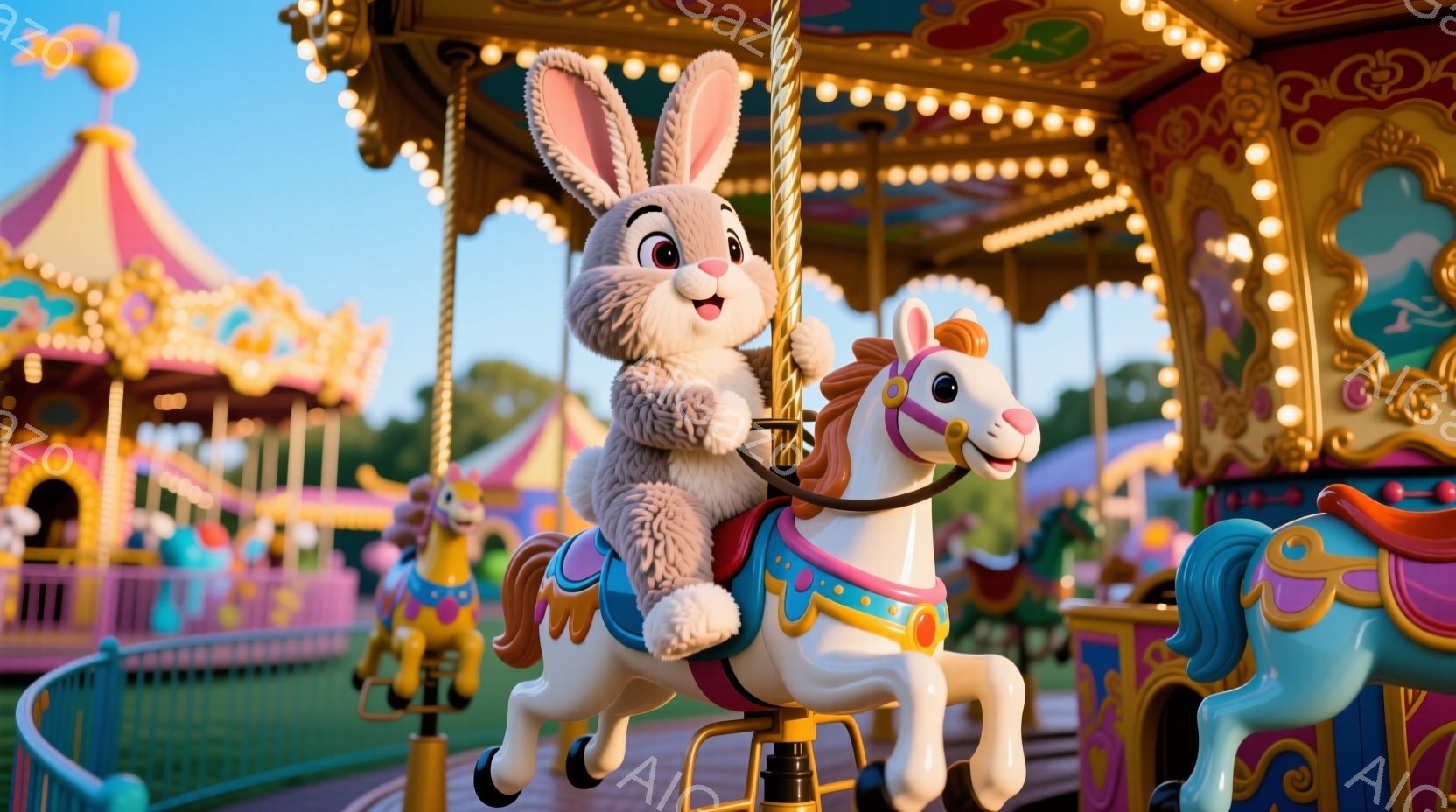 白いユニコーンに乗ったふわふわの茶色のウサギが描かれています。ウサギは楽しそうに微笑んでおり、前足を伸ばしてユニコーンにしがみついています。背景には、色とりどりの装飾が施されたメリーゴーランドがあり、 - AI生成フリー素材