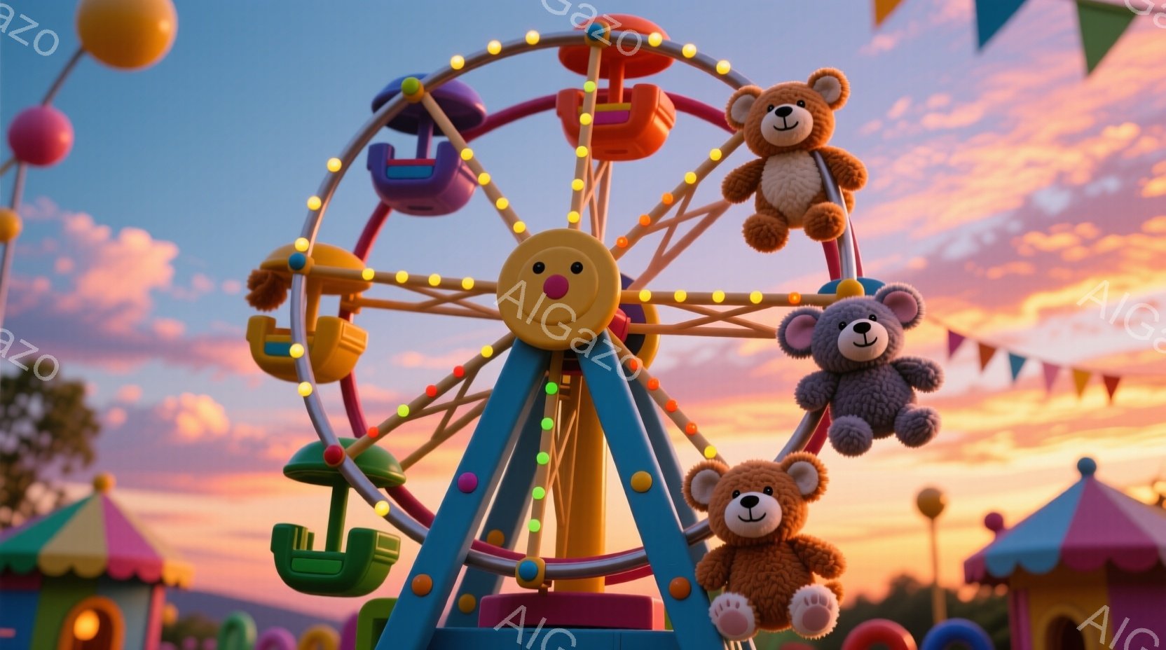 明るい遊園地の観覧車が中央に配置され、そのゴンドラには可愛らしいテディベアたちが座っています。背景は夕焼け空で、オレンジ色とピンク色が混ざり合い、草木や他の遊園地の装飾がぼやけて見えます。全体的に暖か - AI生成フリー素材