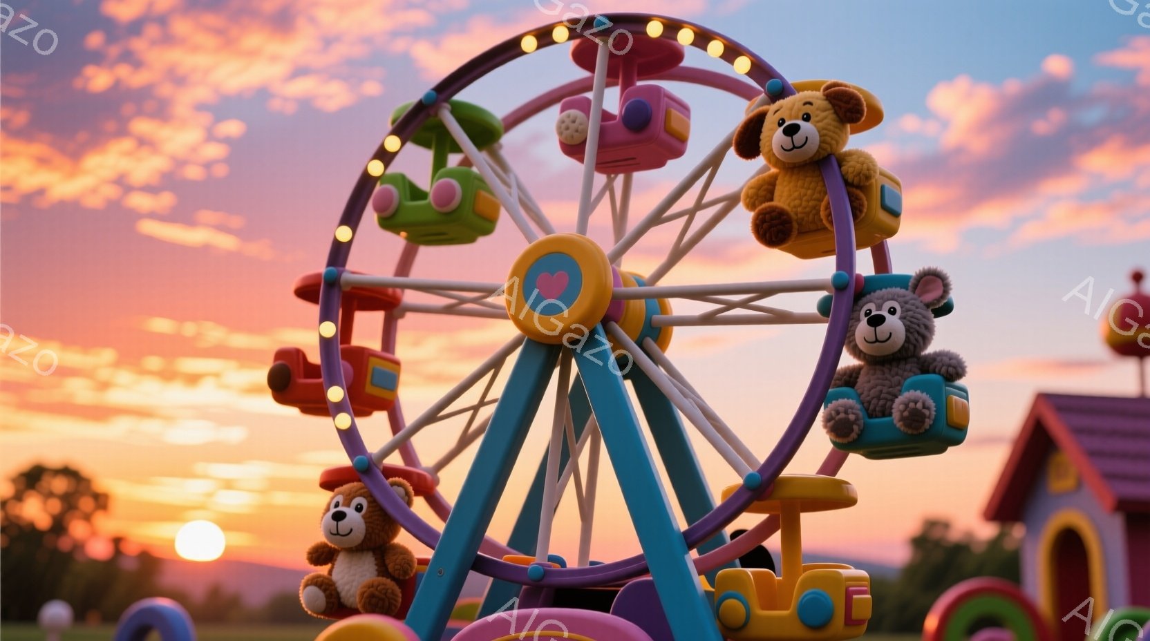 遊園地の観覧車が夕焼けを背景に描かれています。各ゴンドラには可愛らしいテディベアが乗っており、それぞれ異なる表情をしています。背景には赤い屋根の建物や緑豊かな草地が見え、穏やかで夢幻的な雰囲気を醸し出しています。
