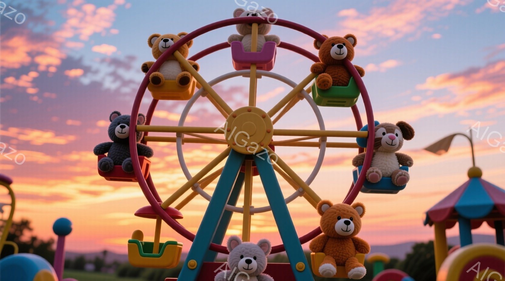 色とりどりの遊園地の観覧車に、可愛らしいテディベアたちが座っています。背景には夕焼け空が広がり、緑の草原と遠くに見える山々が穏やかな雰囲気を醸し出しています。遊園地全体が暖かく、夢のような光景です。