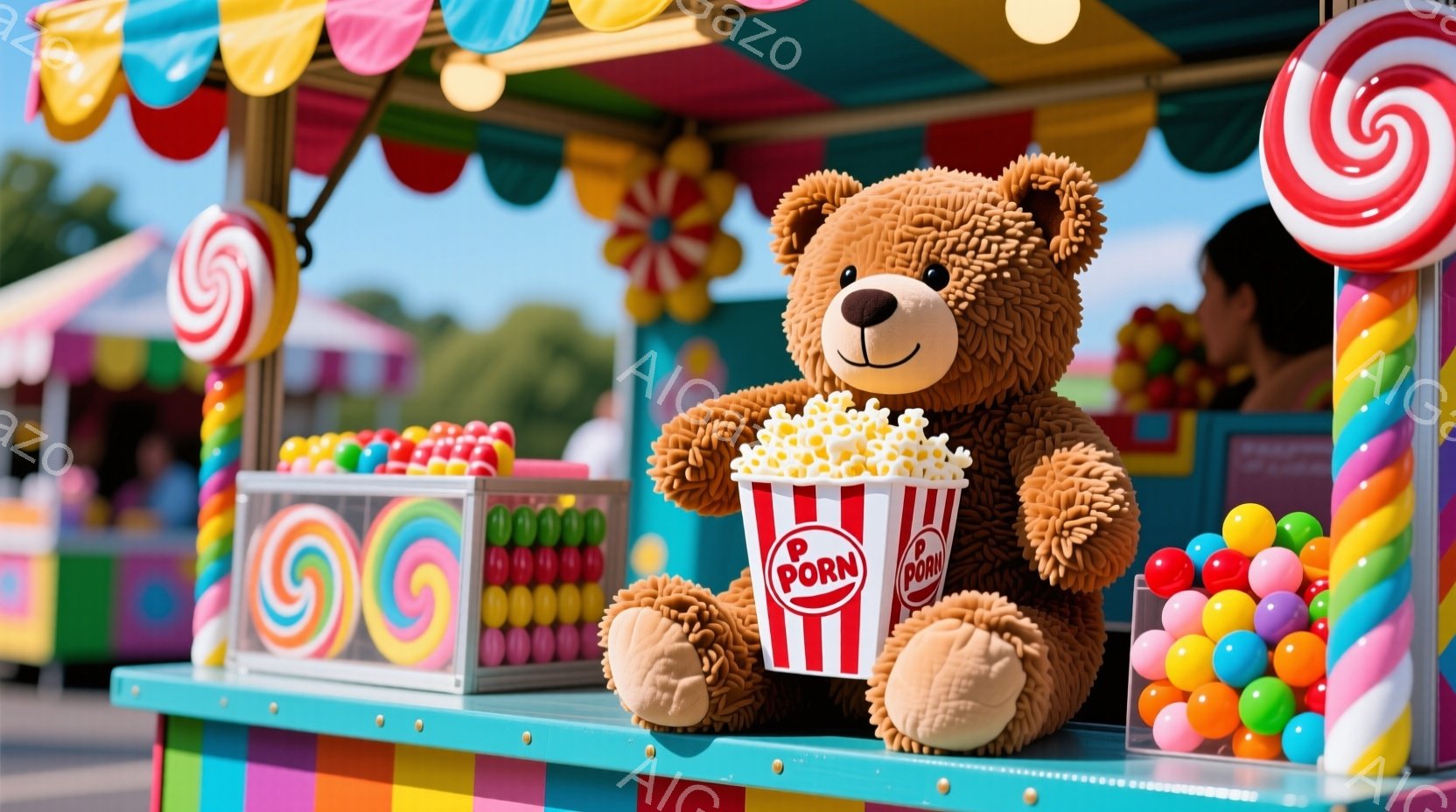 カラフルなキャンディやポップコーンが並んだ屋台に、大きなテディベアが座っています。テディベアは赤いストライプのポップコーンの容器を抱え、楽しげな雰囲気です。背景には遊園地の建物や自然が見え、晴れた日の賑やかなイベントの様子が伺えます。