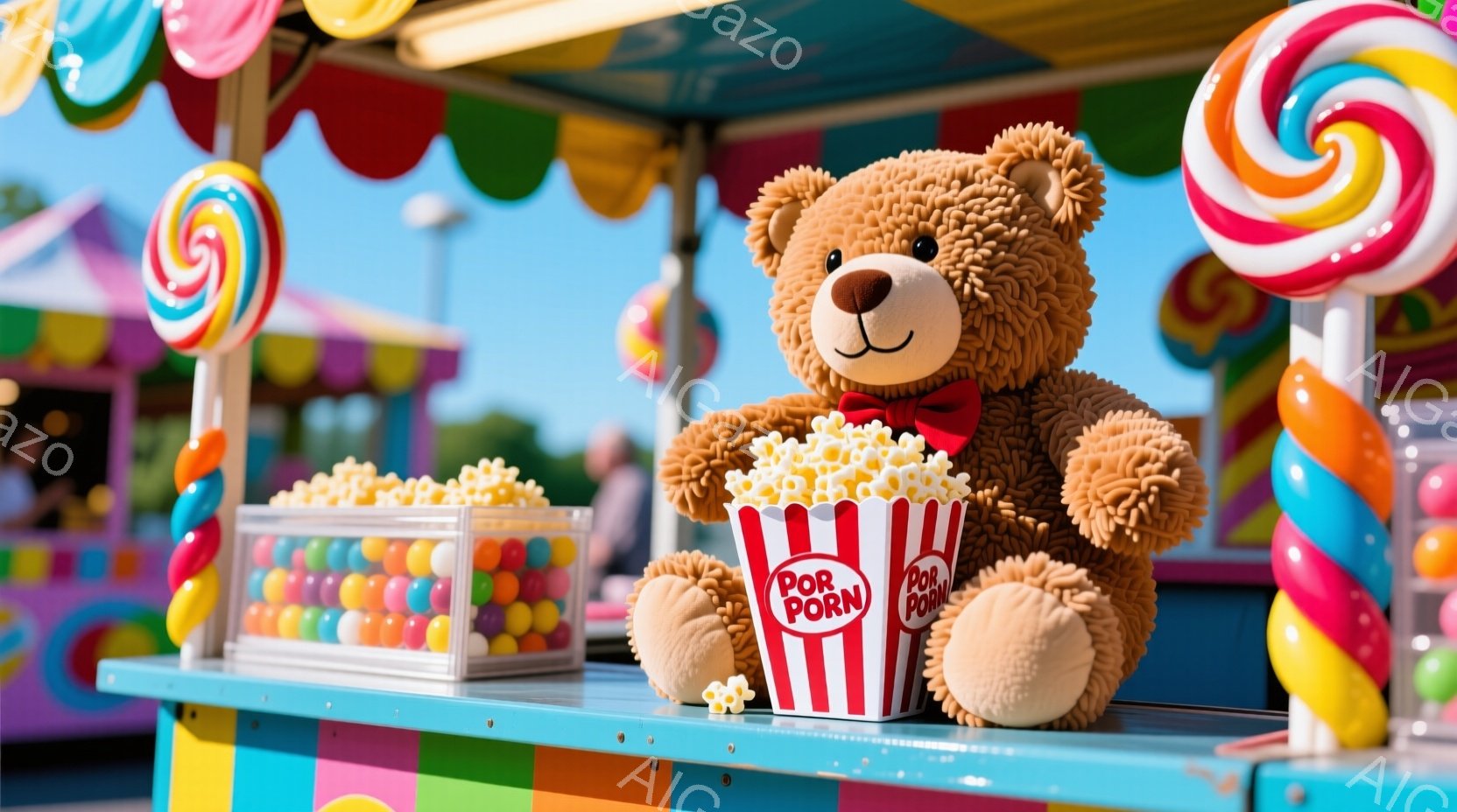 明るい遊園地の屋台が写っており、テディベアがポップコーンの入ったバケツを抱えています。バケツには「PORN」と書かれており、屋台の上にはカラフルなキャンディーやビー玉が並んでいます。背景には他の屋台が見え、全体的に賑やかで楽しい雰囲気が漂っています。