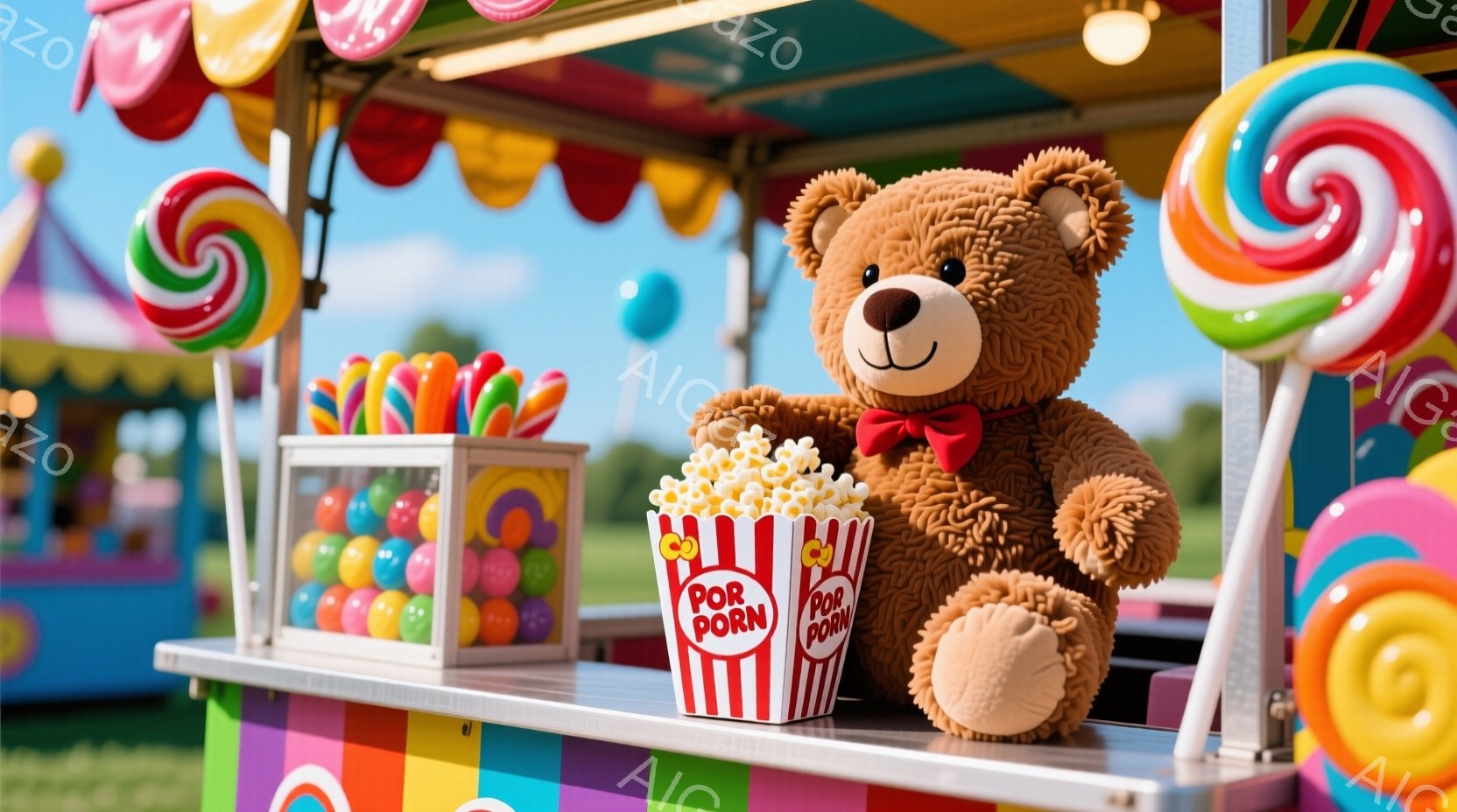 カラフルなキャンディやクッキーが並ぶ屋台の前に、茶色のテディベアが座っています。テディベアは赤いリボンを首に巻き、片手にポップコーンの入ったバケツを持っています。背景には青空と緑の芝生、そして他の屋台が見え、明るく楽しいお祭りの雰囲気が漂っています。