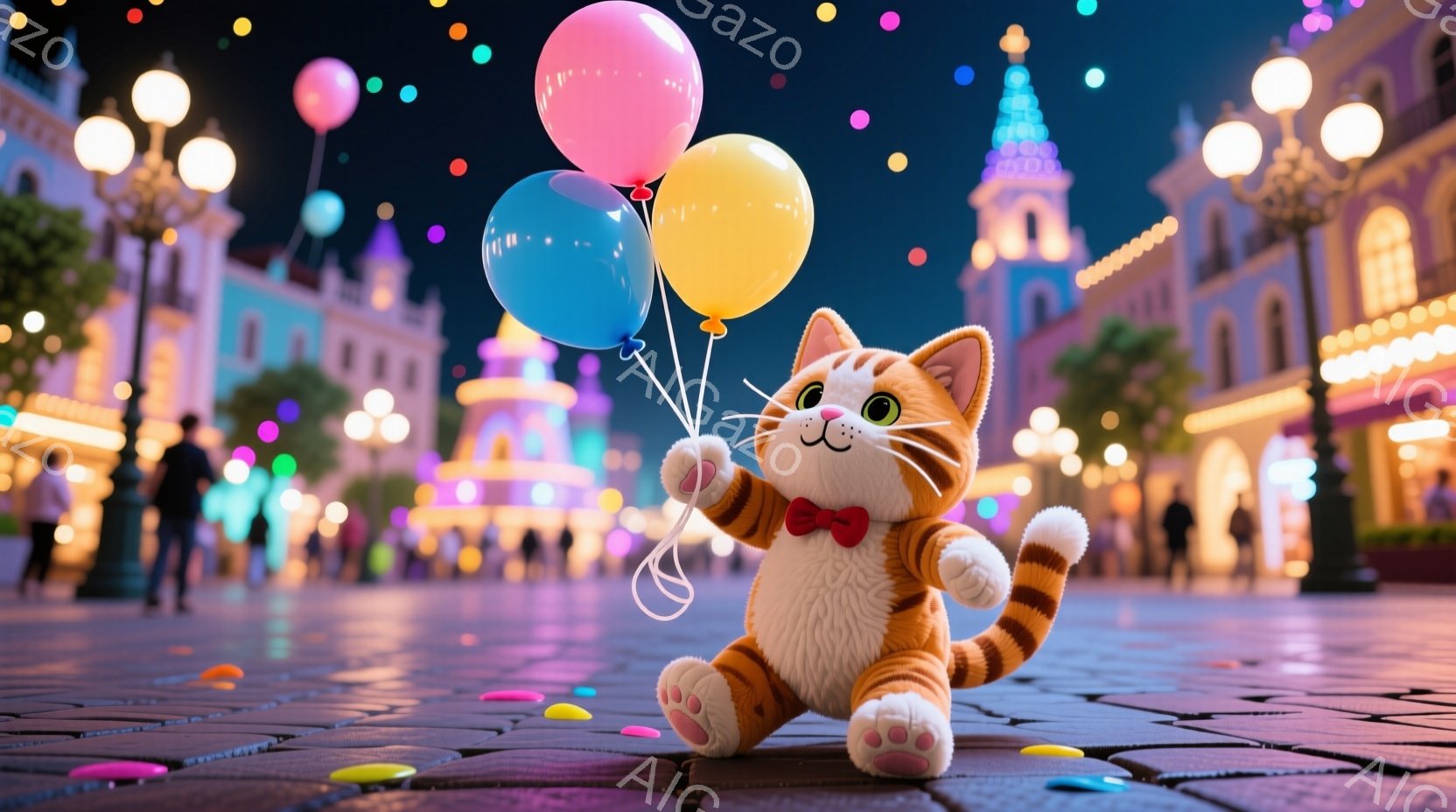 賑やかな遊園地の真ん中で、茶色の縞模様の猫のぬいぐるみがお座りになっています。赤い蝶ネクタイを締め、大きな瞳で楽しそうに複数のカラフルな風船を高く掲げています。背景には、ライトアップされた美しい建物が並び、夜空にはカラフルな紙吹雪が舞い散り、夢のような楽しい雰囲気が漂っています。