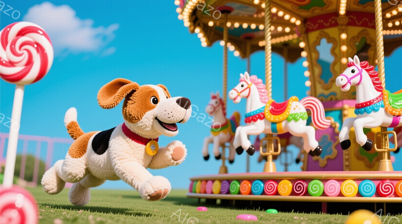茶色と白の毛並みの犬が、緑の芝生の上を走り、楽しそうに舌を出しています。犬は赤い首輪に金のタグをつけており、活気に満ちた遊園地の背景には、色とりどりの回転木馬とキャンディの棒が立っています。空は青く晴れており、全体的に明るく陽気な雰囲気です。